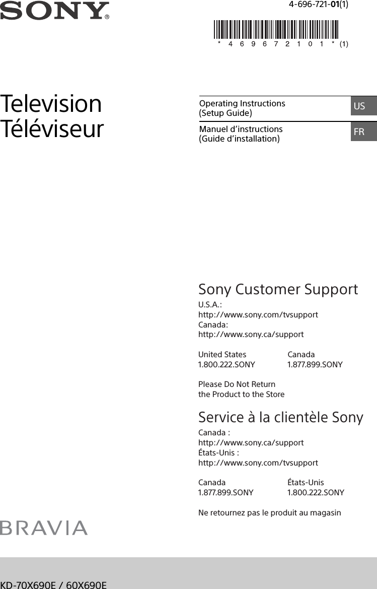 Sony Kd 70x690e User Manual Operating Instructions Setup Guide 4696721011