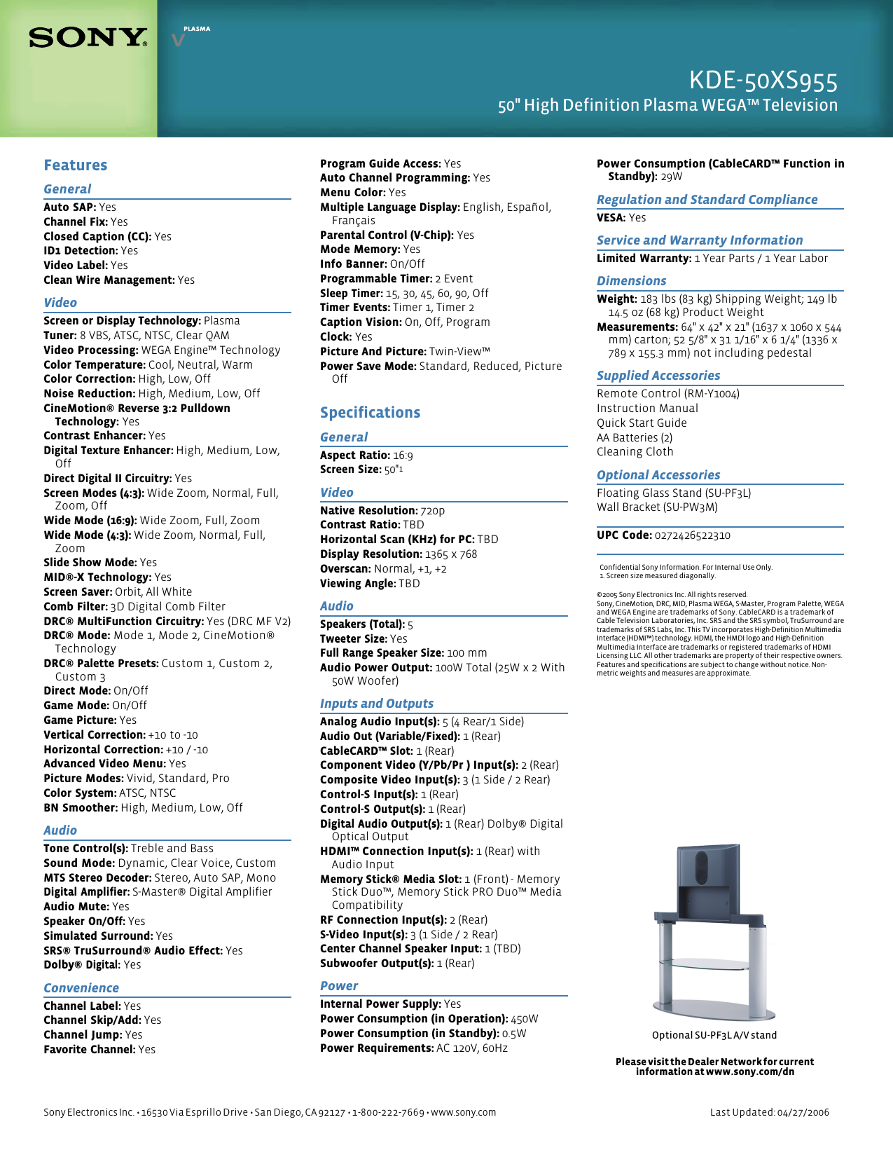 Sony Kde 50xs955 User Manual Marketing Specifications Kde50xs955 Spec