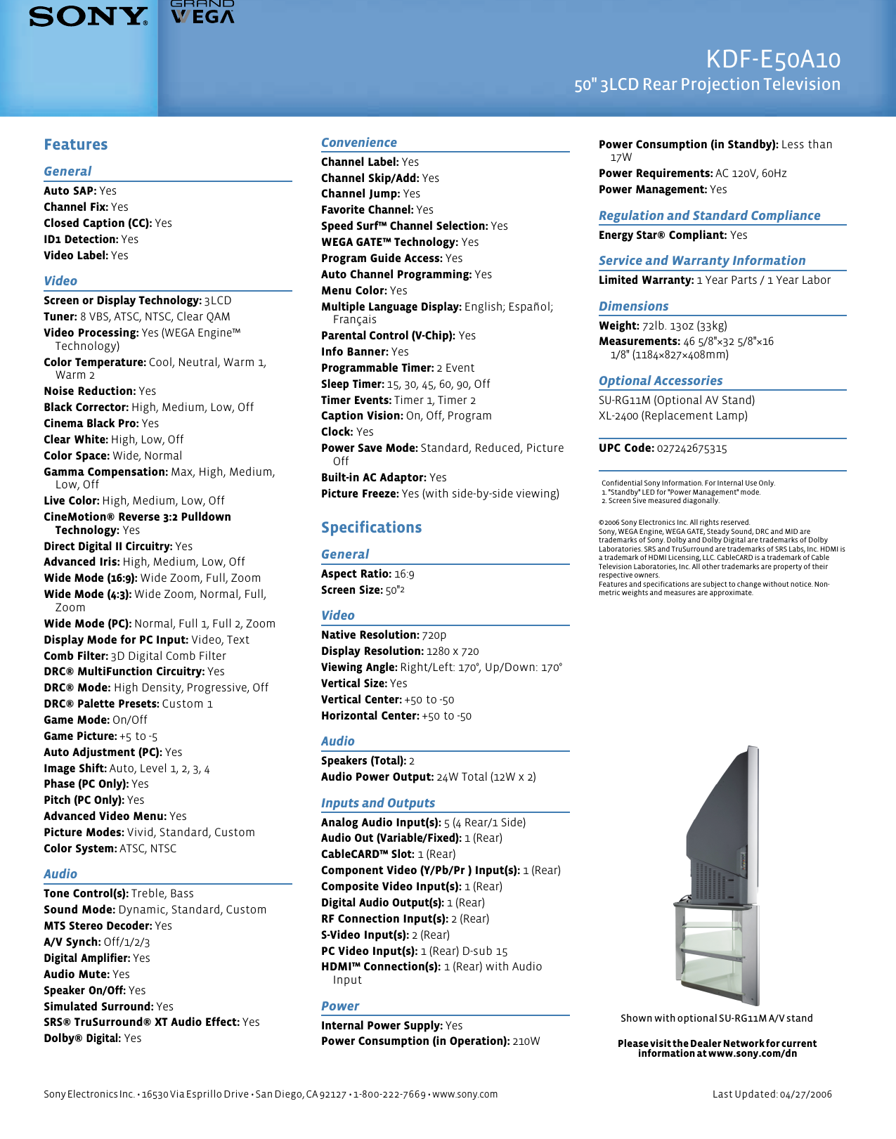 Page 2 of 2 - Sony KDF-E50A10 User Manual Marketing Specifications (KDF-E50A10) KDFE50A10 Mksp