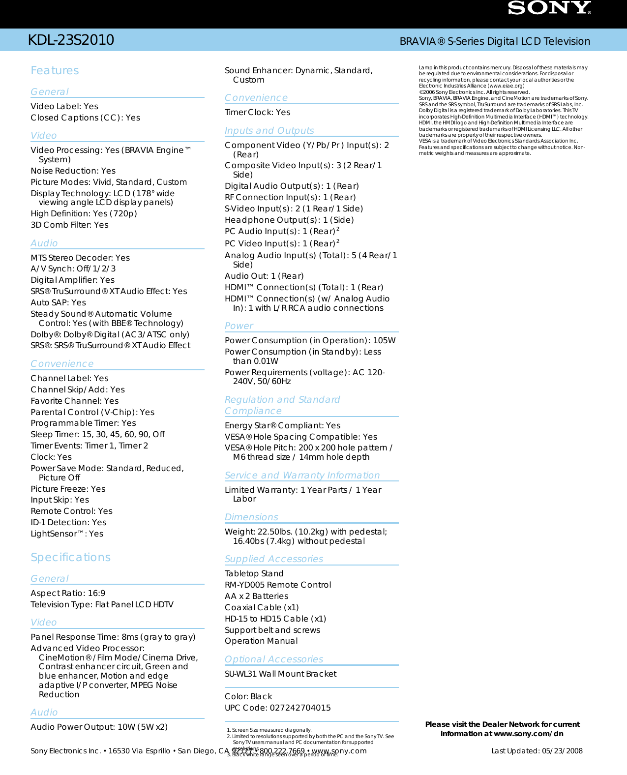 Page 2 of 2 - Sony KDL-23S2010 User Manual Marketing Specifications KDL23S2010 Mksp