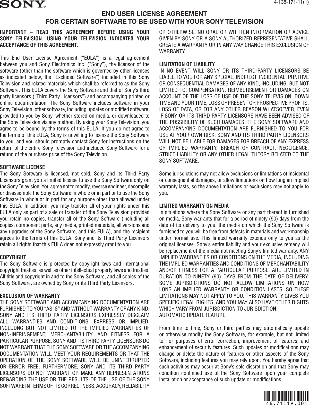 Page 1 of 2 - Sony KDL-26L5000 EULA User Manual End License Agreement Flyer 4138171111