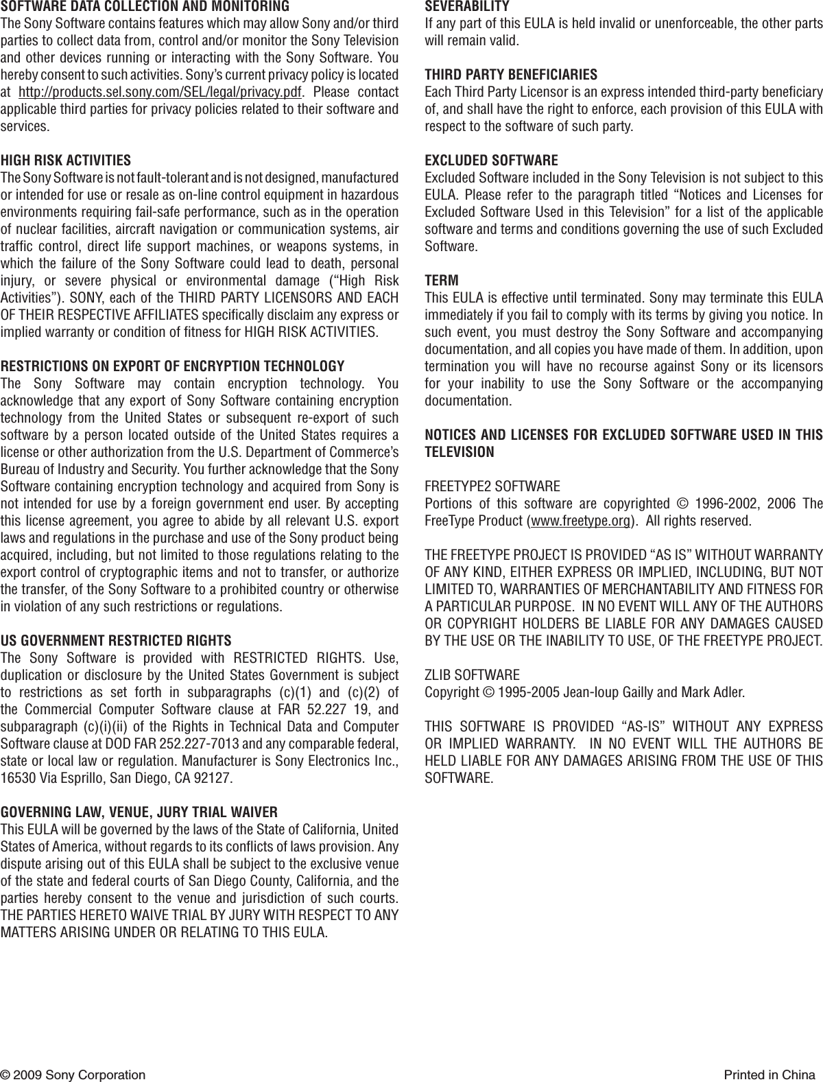 Page 2 of 2 - Sony KDL-26L5000 EULA User Manual End License Agreement Flyer 4138171111