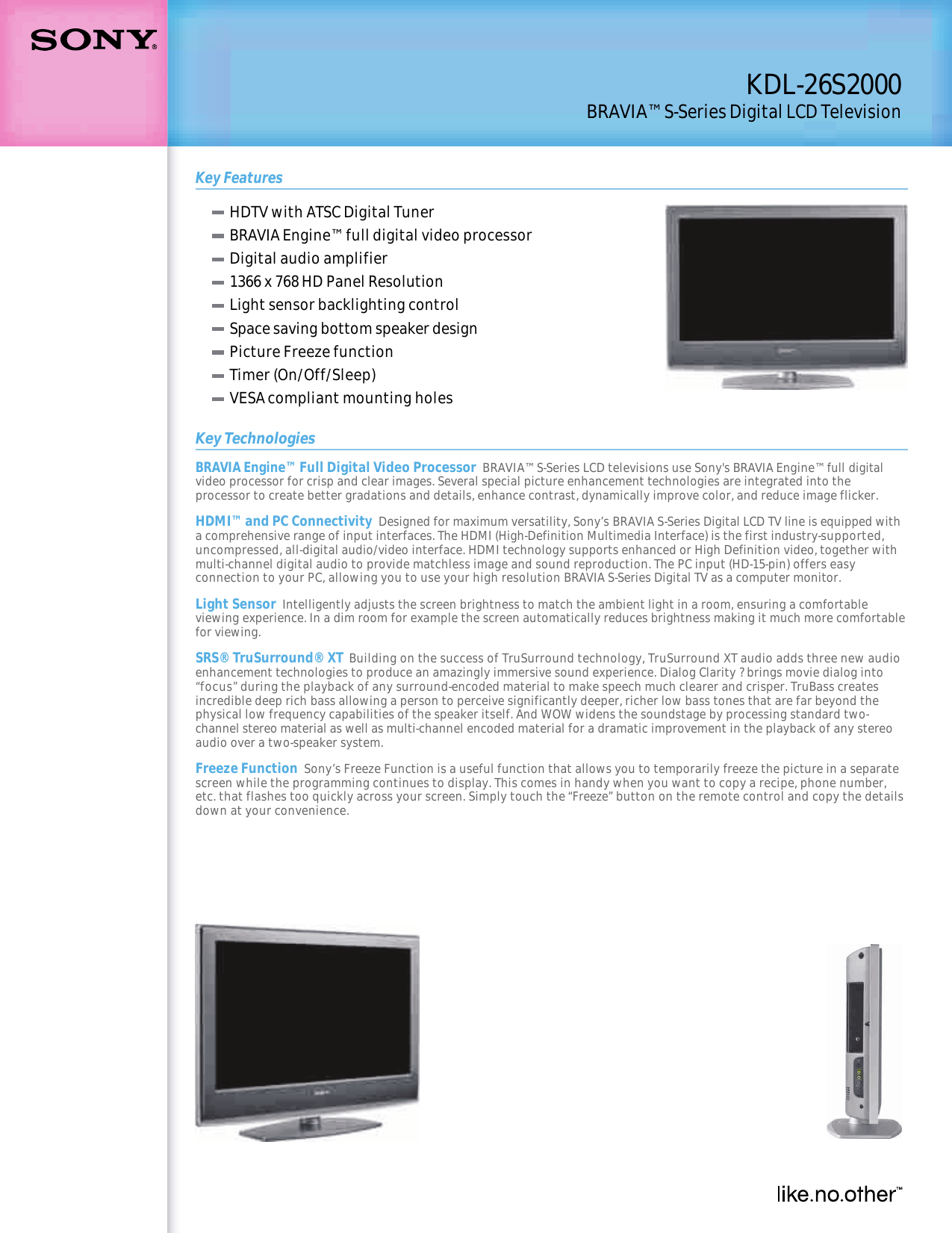 Page 1 of 2 - Sony KDL-26S2000 User Manual Marketing Specifications KDL26S2000 Mksp