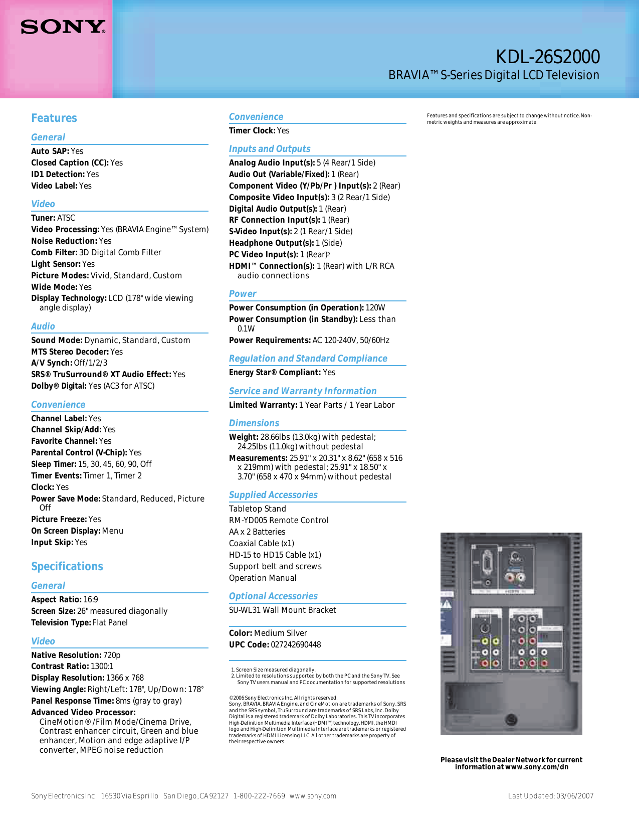 Page 2 of 2 - Sony KDL-26S2000 User Manual Marketing Specifications KDL26S2000 Mksp