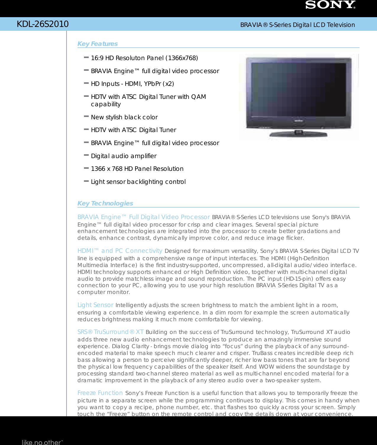 Page 1 of 2 - Sony KDL-26S2010 User Manual Marketing Specifications KDL26S2010 Mksp