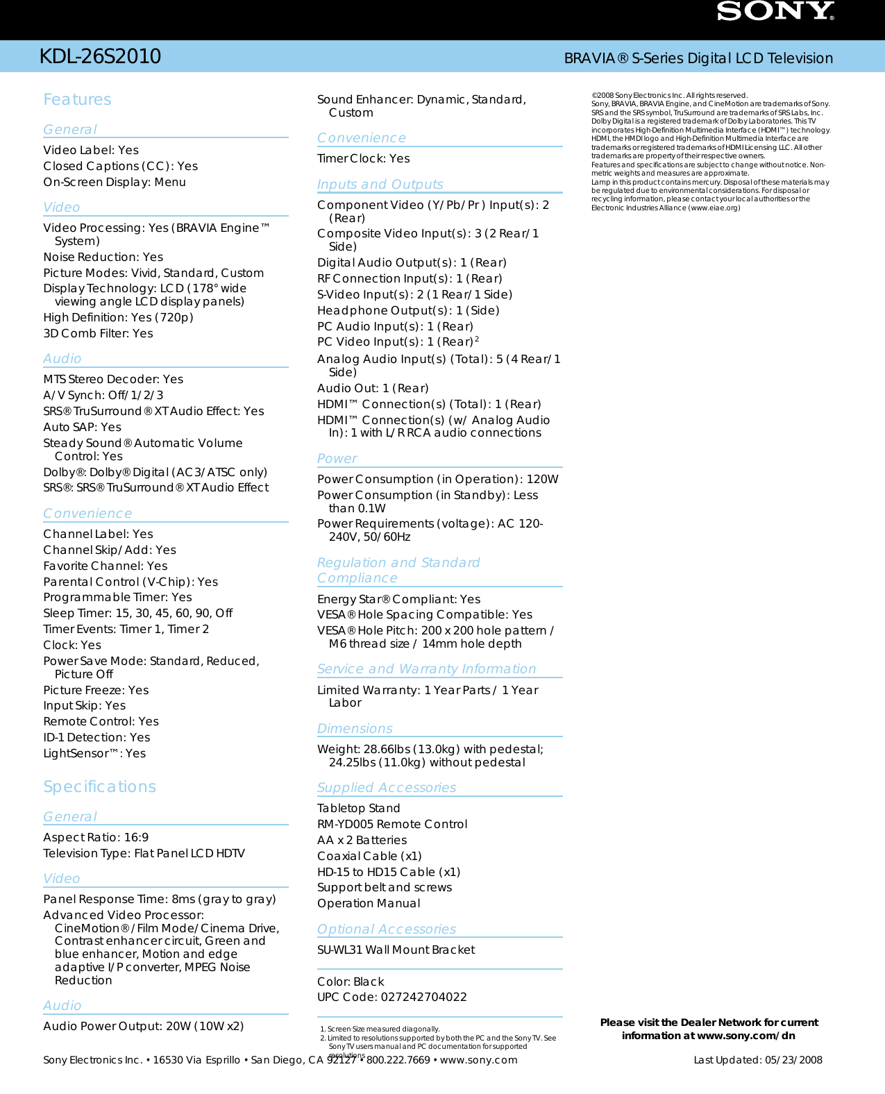 Page 2 of 2 - Sony KDL-26S2010 User Manual Marketing Specifications KDL26S2010 Mksp