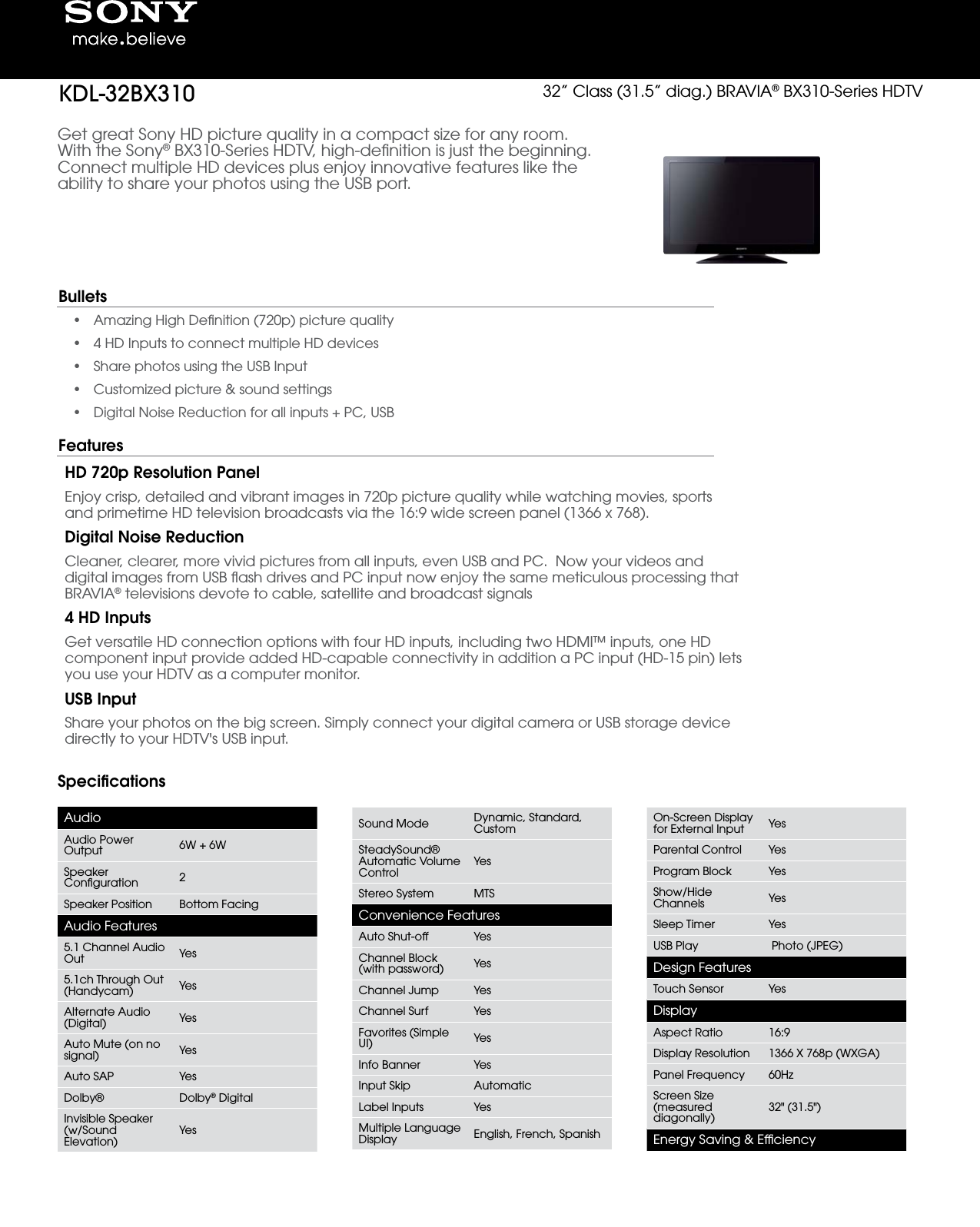 Sony Kdl 32bx310 User Manual Marketing Specifications Television