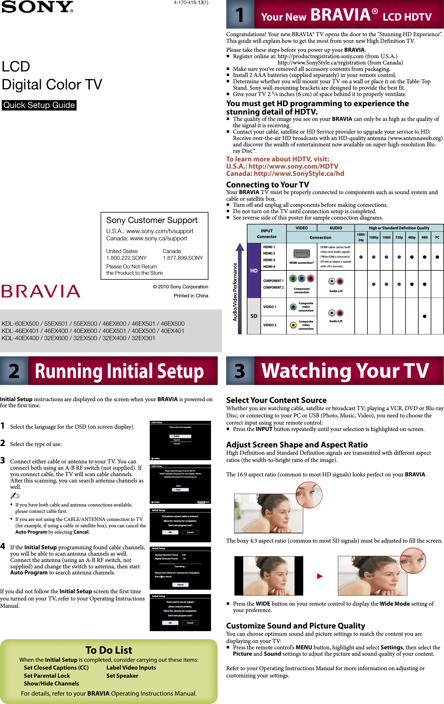 Page 1 of 2 - Sony KDL-32EX301 KDL-32/40/46EX600/KDL-55/60EX500 User Manual Quick Setup Guide KDLEX301-EX400-EX401-EX500-EX501 Qs