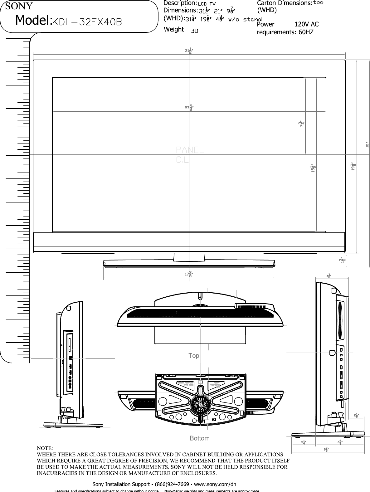 Page 1 of 2 - Sony KDL-32EX40B 32EX40B Layout1  User Manual Dimensions Diagram KDL32EX40B Cutsheet