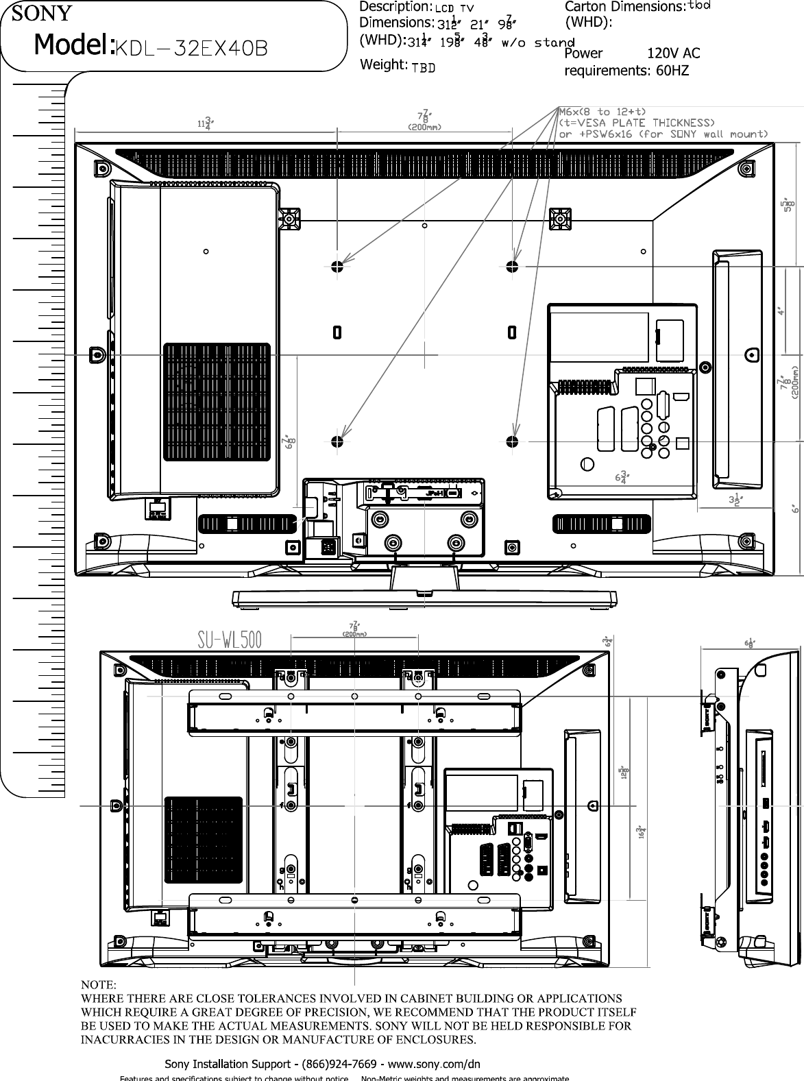 Page 2 of 2 - Sony KDL-32EX40B 32EX40B Layout1  User Manual Dimensions Diagram KDL32EX40B Cutsheet
