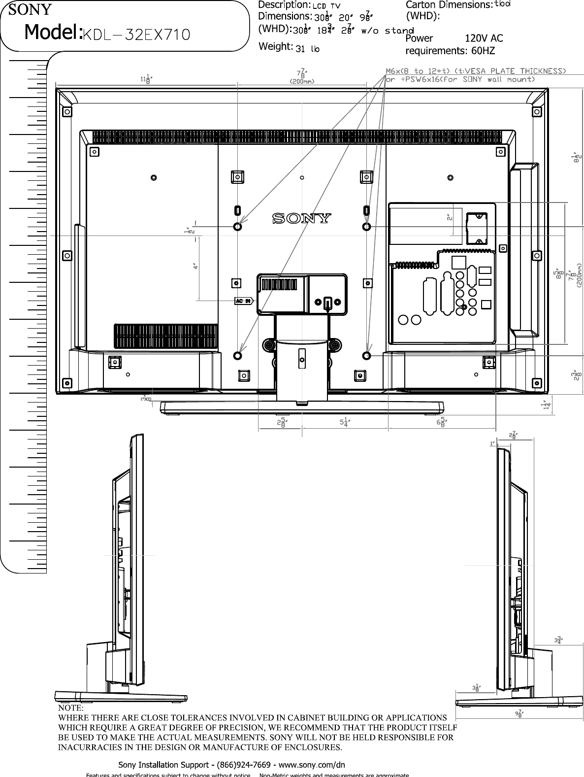 Page 2 of 4 - Sony KDL-32EX710 Layout1  User Manual Dimensions Diagram KDL32EX710 Cutsheet