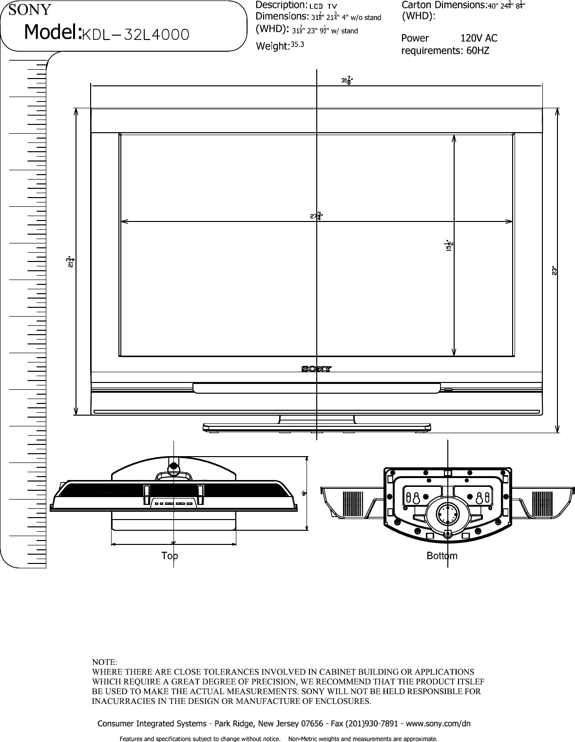 Page 1 of 2 - Sony KDL-32L4000 User Manual Dimensions Diagram KDL32L4000 Cutsheet
