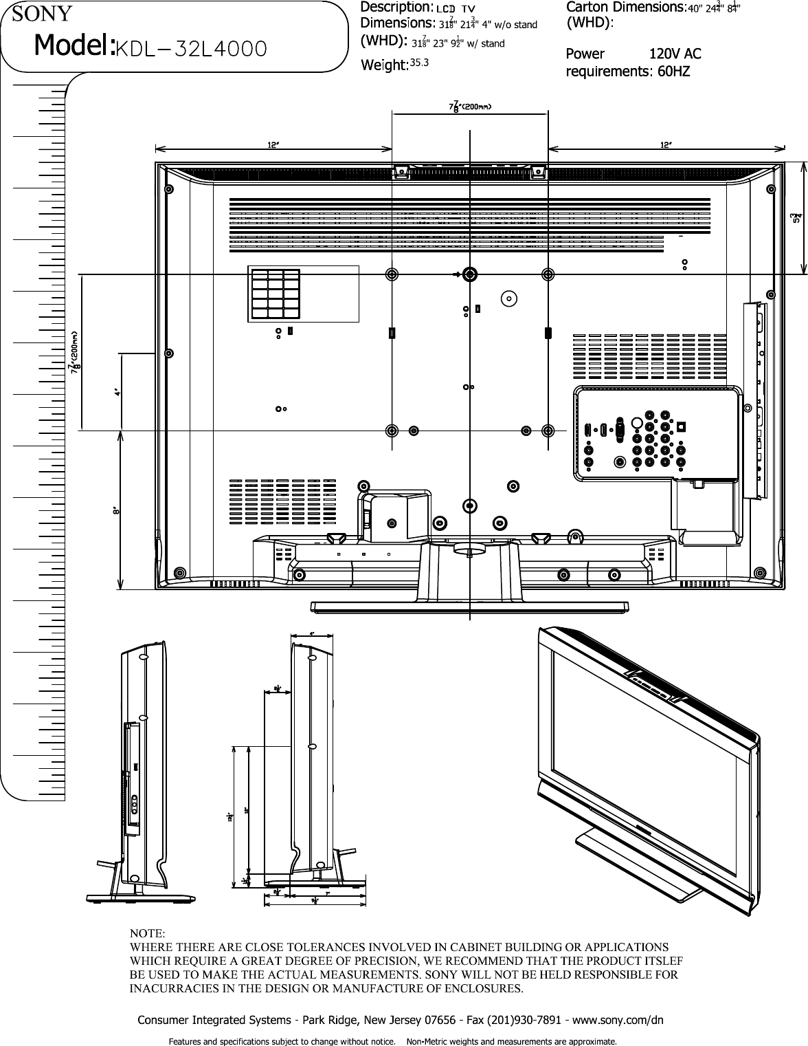 Page 2 of 2 - Sony KDL-32L4000 User Manual Dimensions Diagram KDL32L4000 Cutsheet