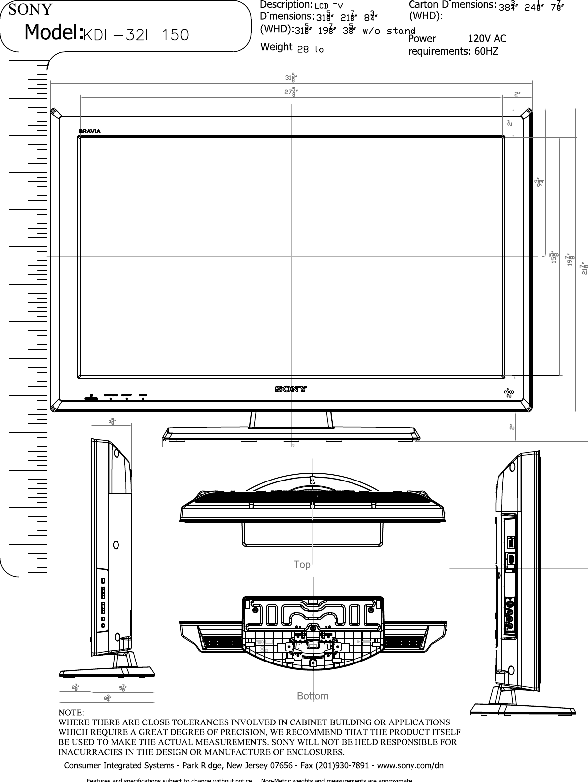 Page 1 of 2 - Sony KDL-32LL150 Layout1  User Manual Dimensions Diagram KDL32LL150 Cutsheet