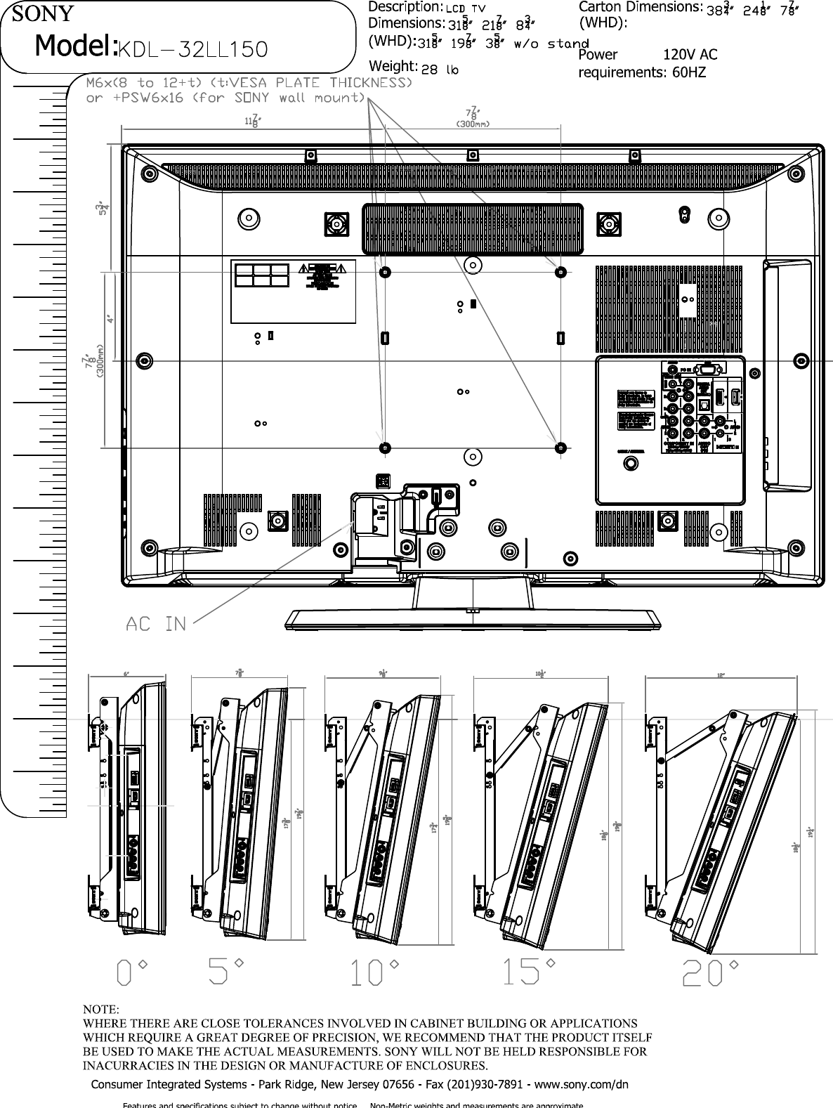 Page 2 of 2 - Sony KDL-32LL150 Layout1  User Manual Dimensions Diagram KDL32LL150 Cutsheet