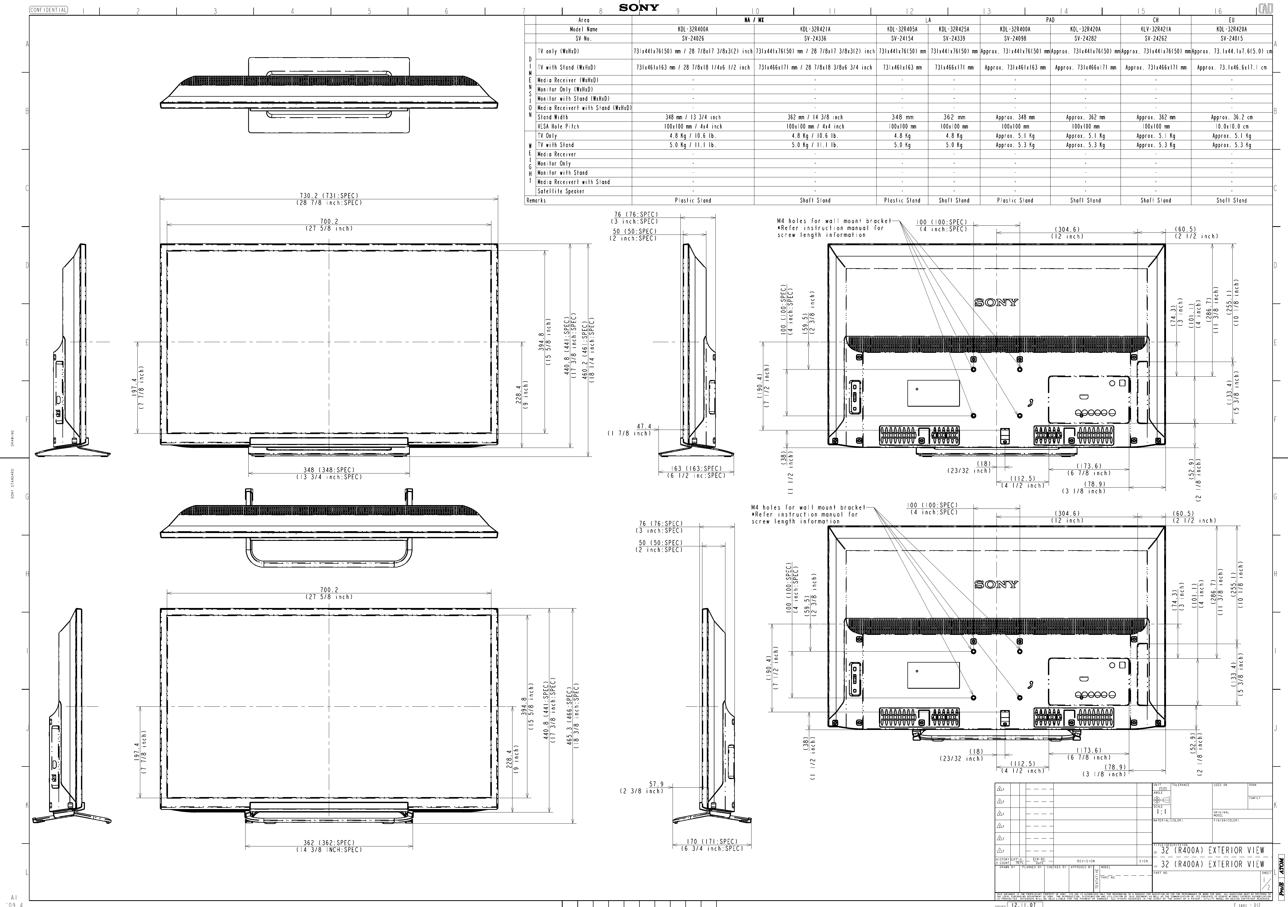 Page 1 of 2 - Sony KDL-32R400A User Manual Dimensions Diagram 32R421A 32R405A 32R425A 32R420A KLV-R421A Cutsheet
