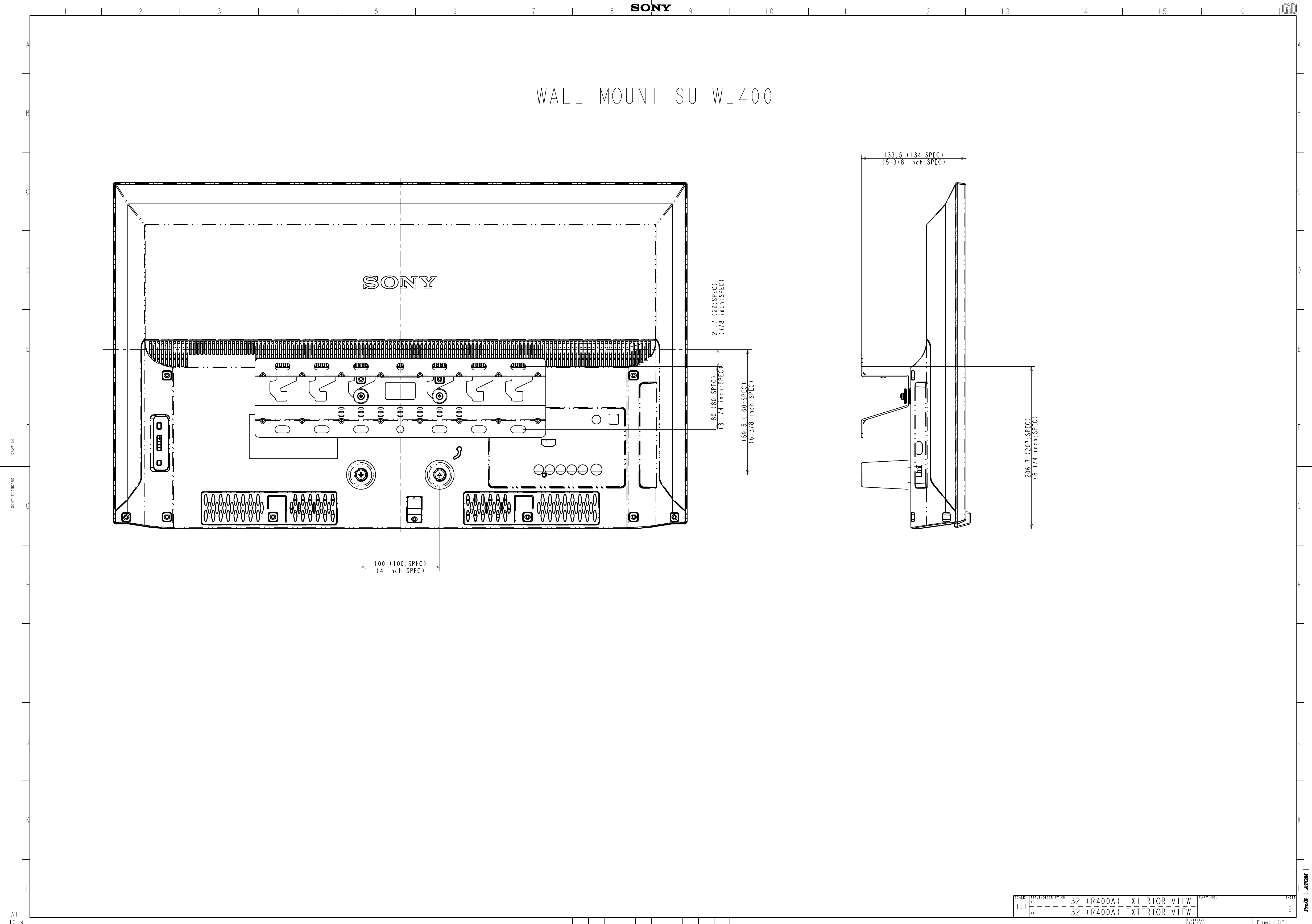 Page 2 of 2 - Sony KDL-32R400A User Manual Dimensions Diagram 32R421A 32R405A 32R425A 32R420A KLV-R421A Cutsheet