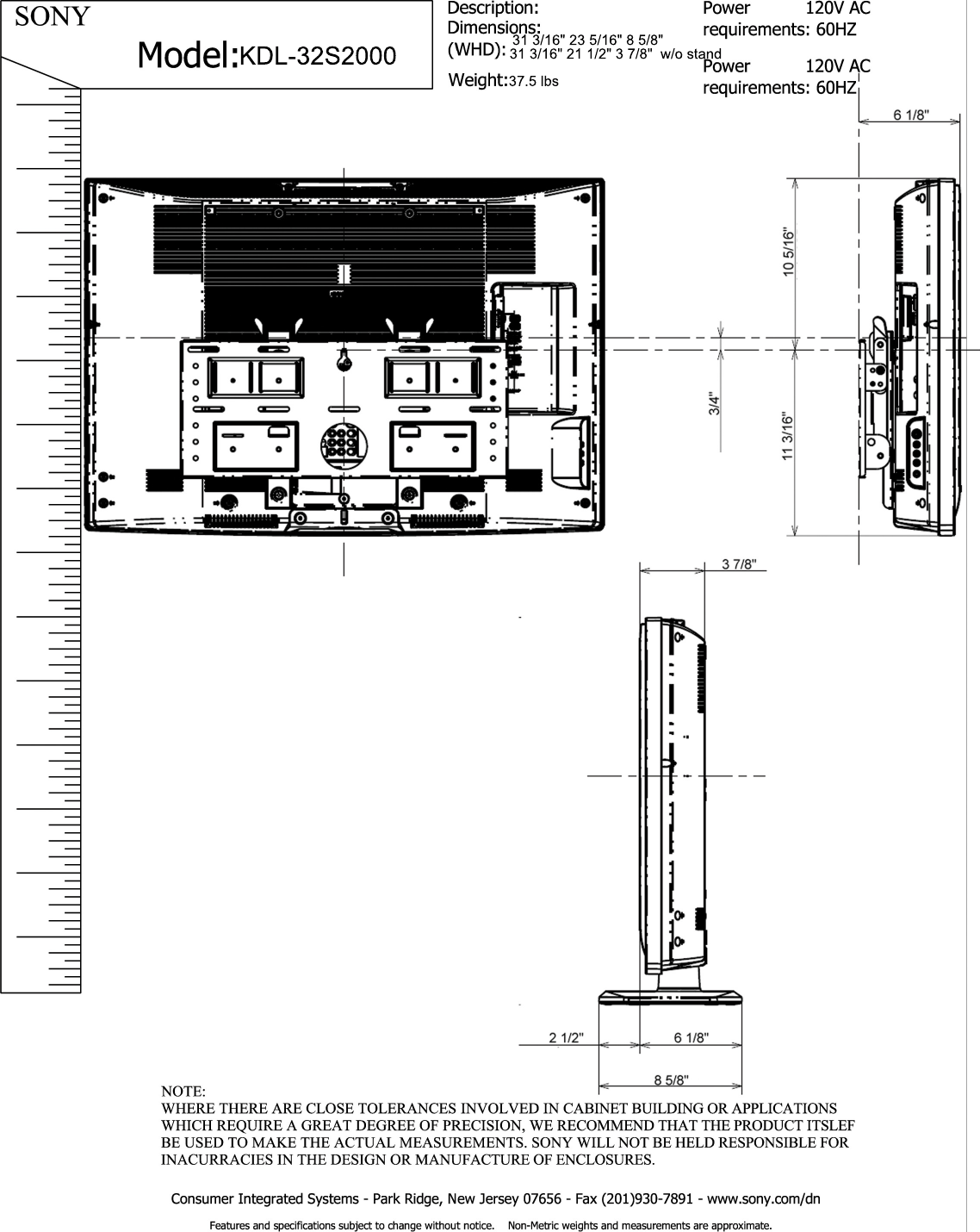 Page 2 of 2 - Sony KDL-32S2000 All.psd User Manual Dimensions Diagrams KDL32S2000 Cutsheet