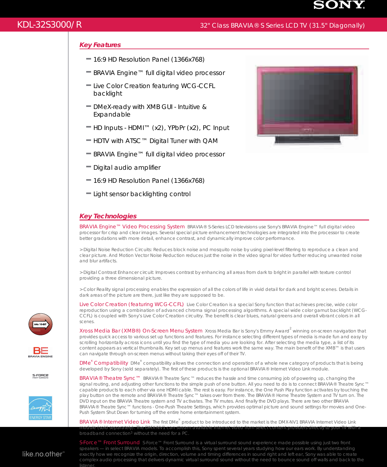 Page 1 of 2 - Sony KDL-32S3000 User Manual Marketing Specifications (Red ) KDL32S3000R Mksp