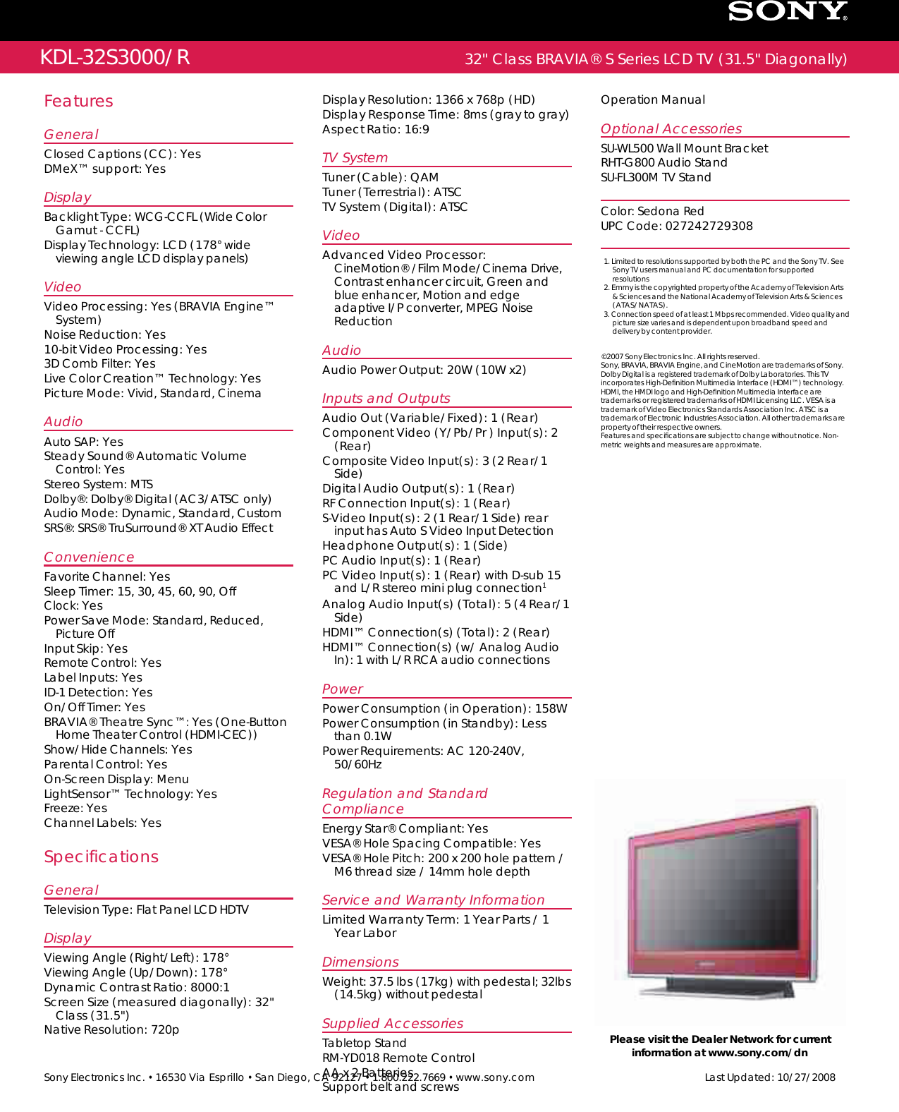 Page 2 of 2 - Sony KDL-32S3000 User Manual Marketing Specifications (Red ) KDL32S3000R Mksp