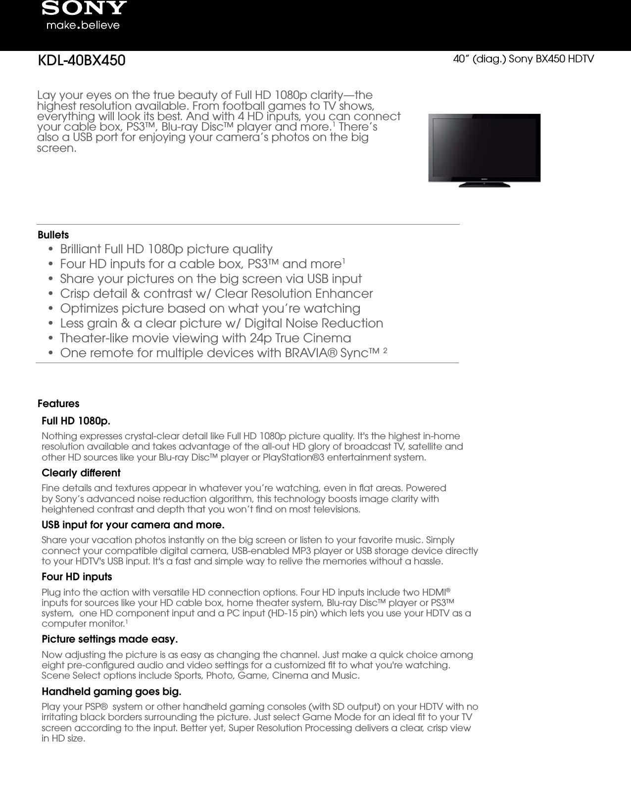 Page 1 of 3 - Sony KDL-40BX450 User Manual Marketing Specifications KDL40BX450 Mksp