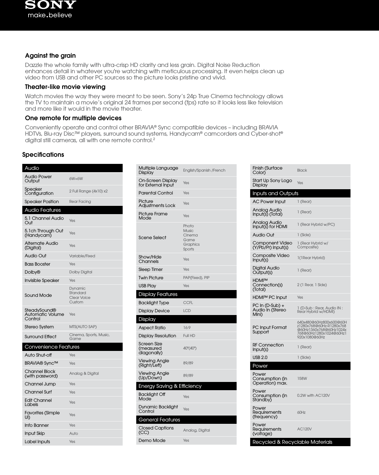 Page 2 of 3 - Sony KDL-40BX450 User Manual Marketing Specifications KDL40BX450 Mksp