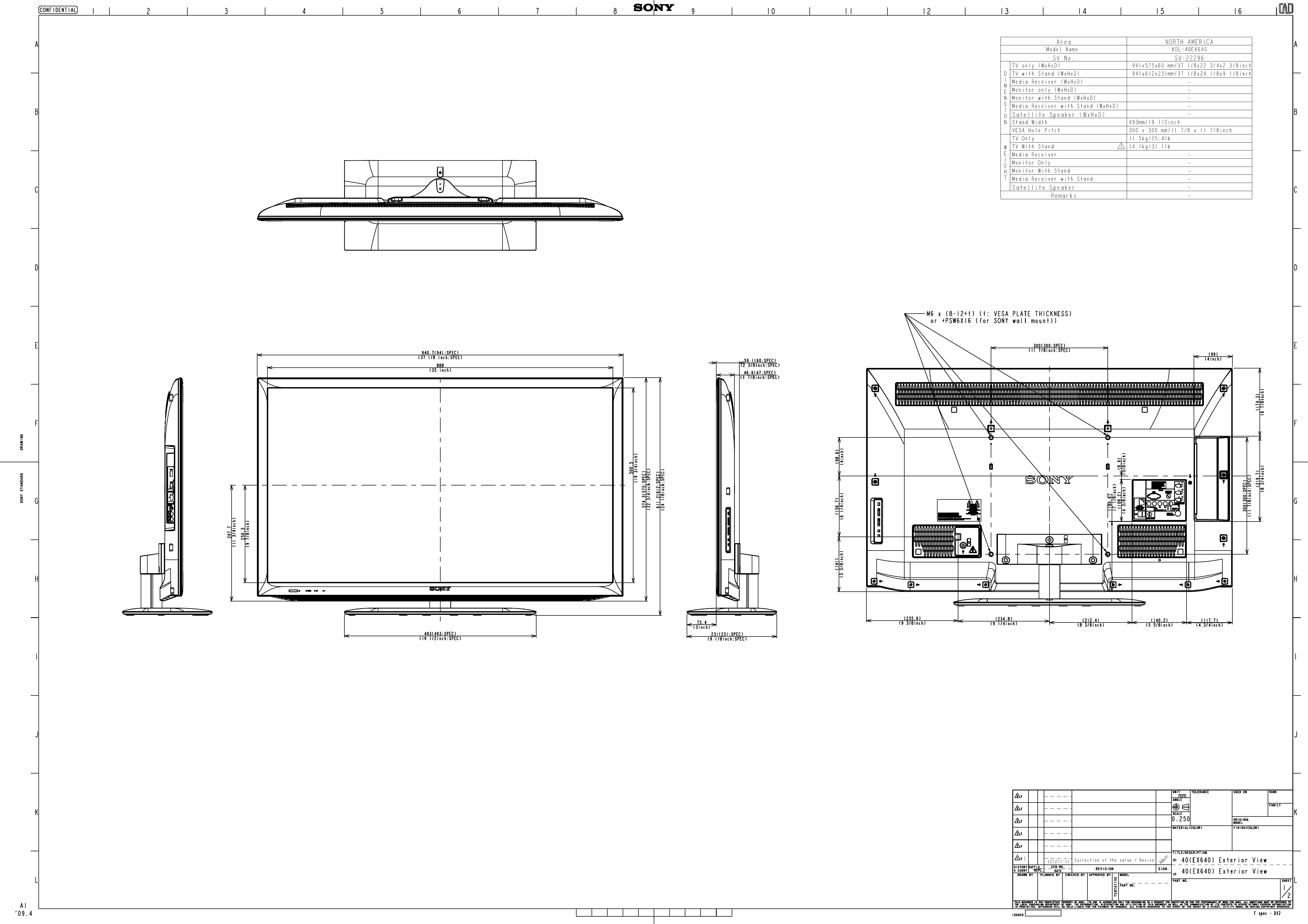 Page 1 of 2 - Sony KDL-40EX640 User Manual Dimensions Diagram KDL40EX640 Cutsheet