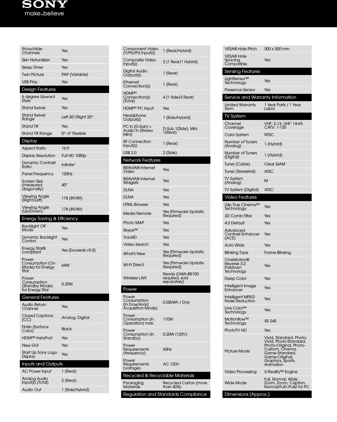 Page 3 of 4 - Sony KDL-40EX720 User Manual Marketing Specifications KDL40EX720 Mksp