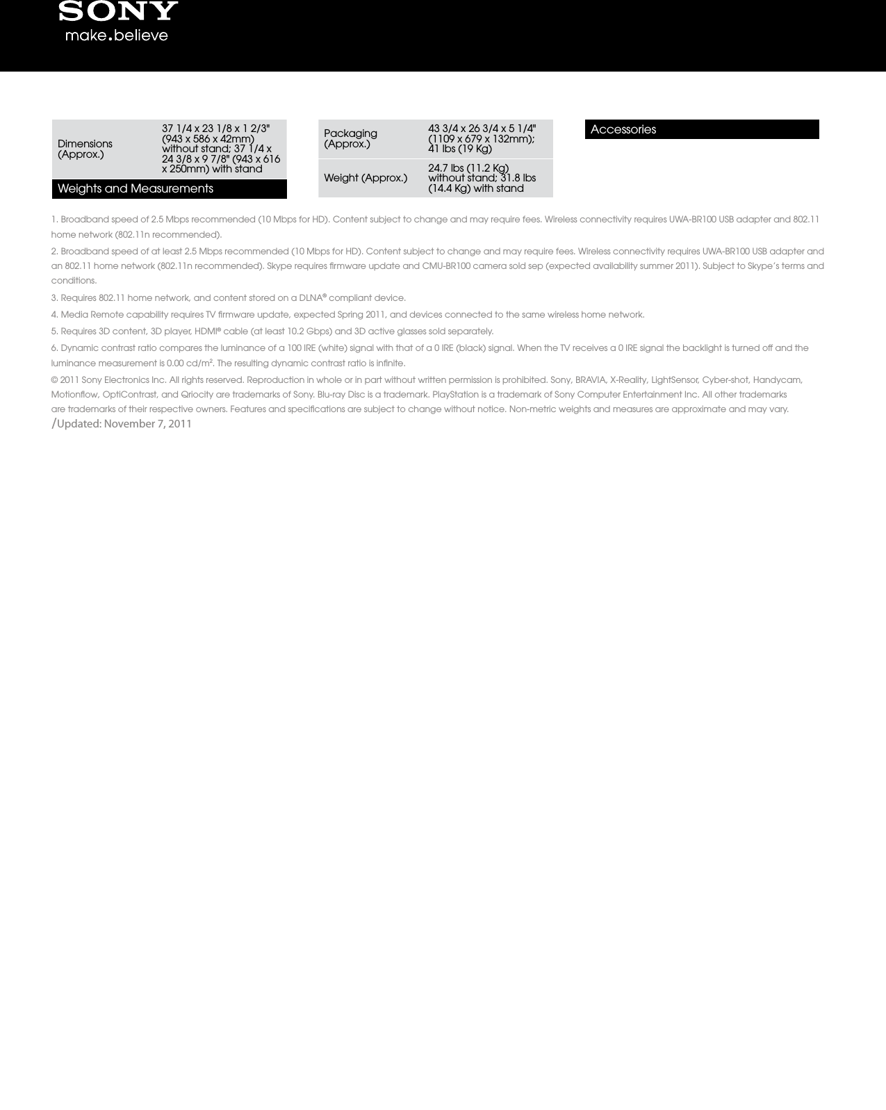 Page 4 of 4 - Sony KDL-40EX720 User Manual Marketing Specifications KDL40EX720 Mksp