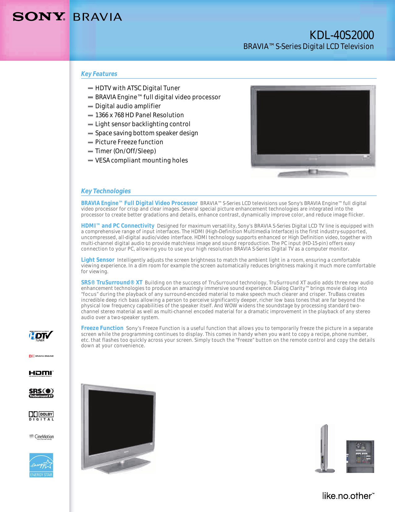 Sony KDL 40S2000 User Manual Marketing Specifications (KDL40S2000 ...