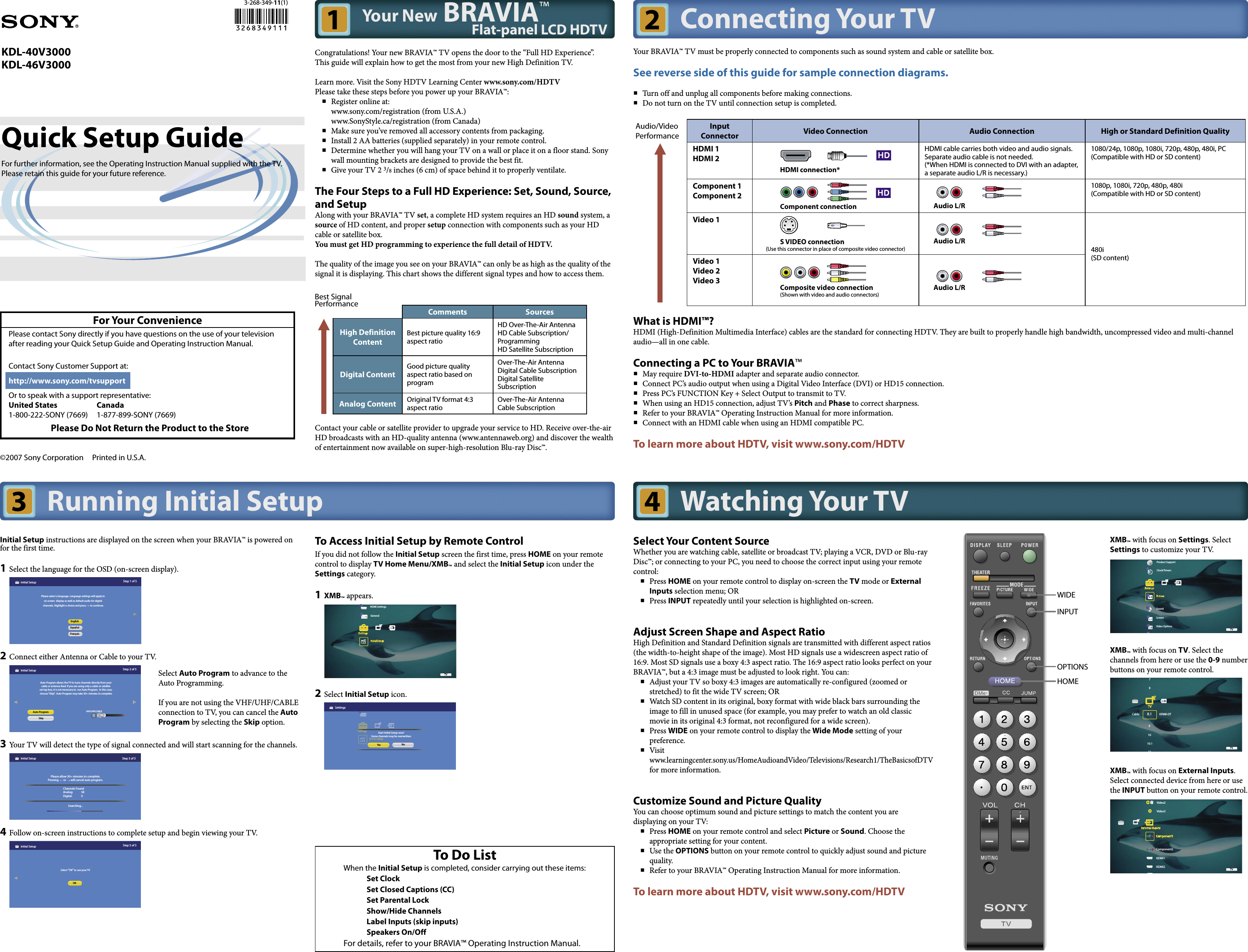 Page 1 of 2 - Sony KDL-40V3000 KDL-40V3000/KDL-46V3000 User Manual Quick Setup Guide KDL40V3000 Qsg