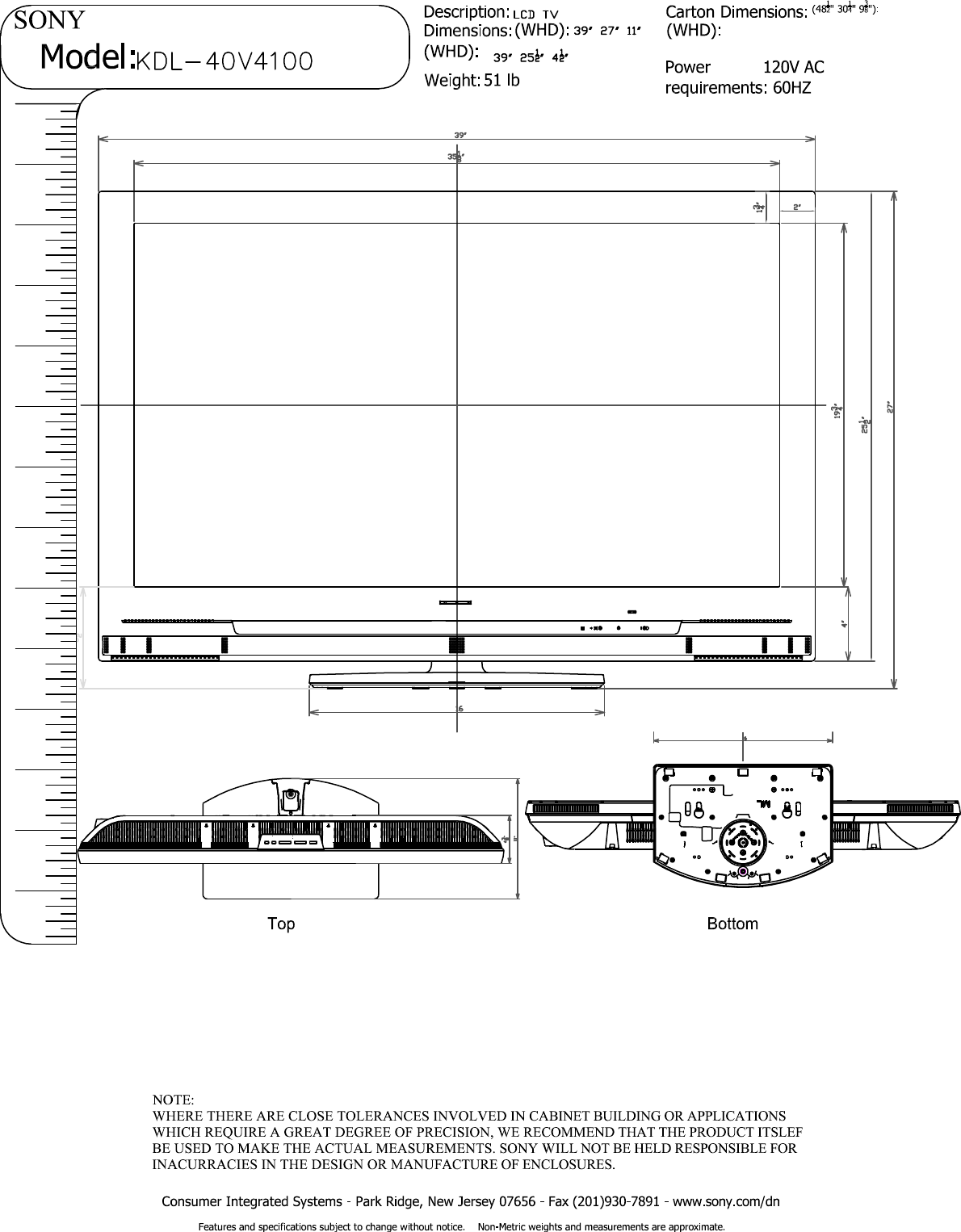 Page 1 of 2 - Sony KDL-40V4100 User Manual Dimensions Diagram KDL40V4100 Cutsheet