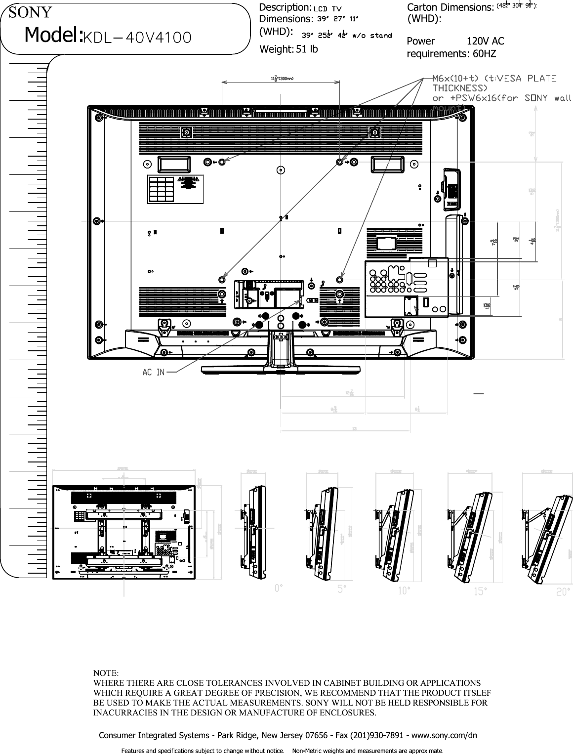 Page 2 of 2 - Sony KDL-40V4100 User Manual Dimensions Diagram KDL40V4100 Cutsheet