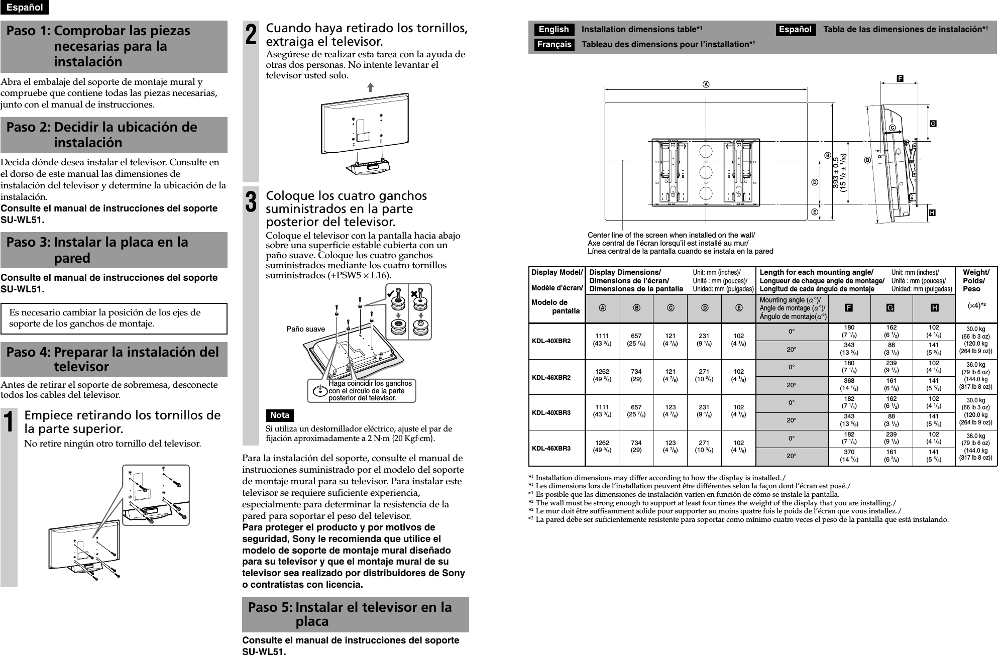 Page 2 of 2 - Sony KDL-40XBR2 KDL-40XBR2/46XBR2/40XBR3/46XBR3 User Manual Installing The Wall-Mount Bracket KDL40-46XBR2 Wall Mount