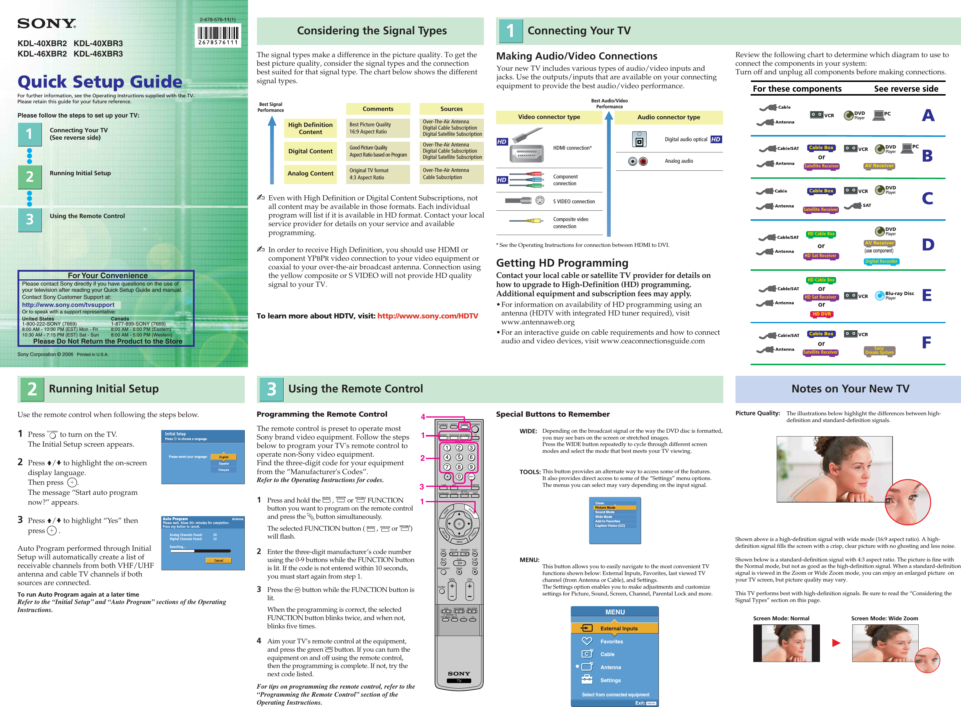 Page 1 of 2 - Sony KDL-40XBR3 KDL-40/46XBR2 KDL-40/46XBR3 User Manual Quick Setup Guide KDL40-46XBR3 QSG