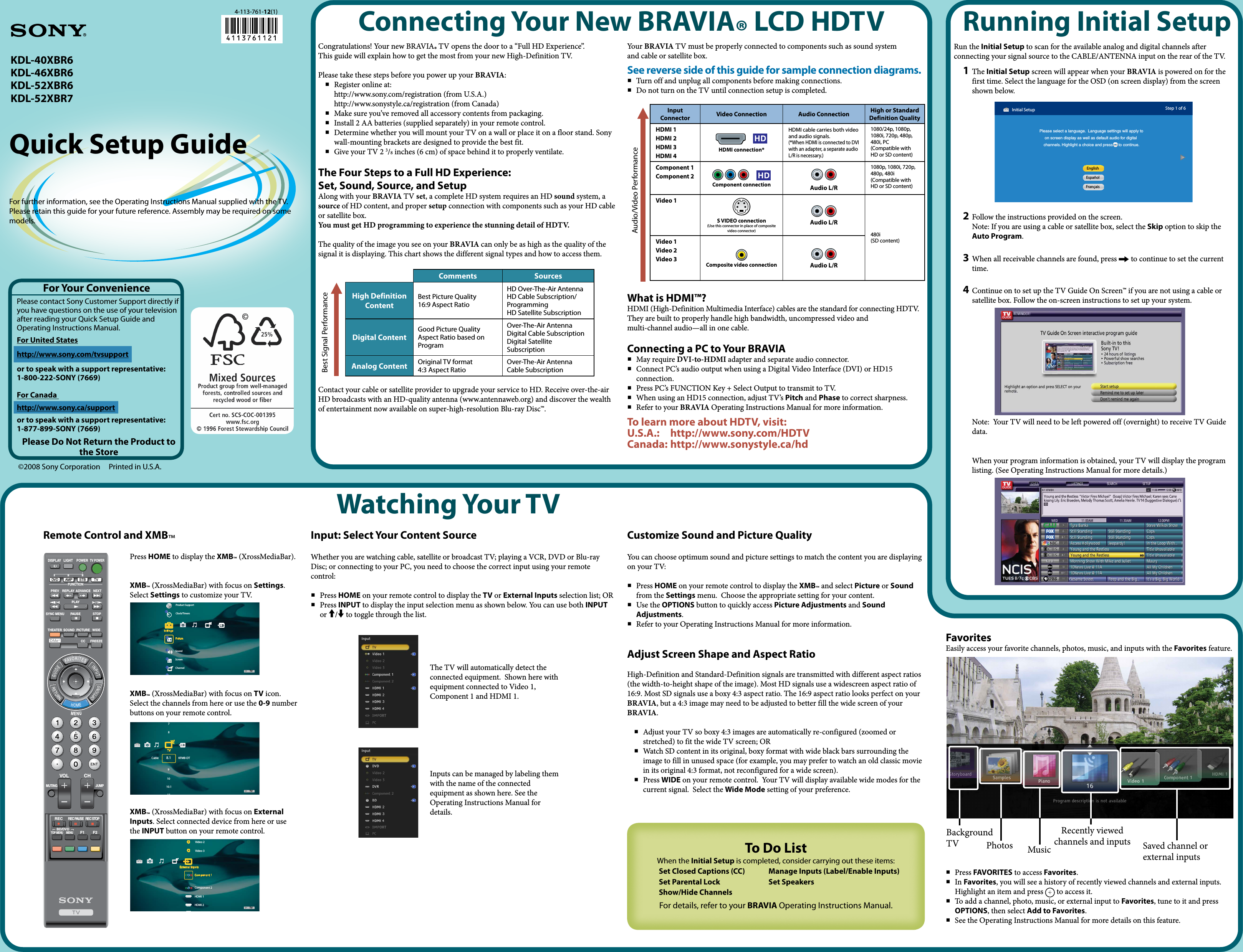 Page 1 of 2 - Sony KDL-40XBR6 KDL-40XBR6/KDL-46XBR6/KDL-52XBR6/KDL-52XBR7 User Manual Quick Setup Guide KDL40XBR6 Qs