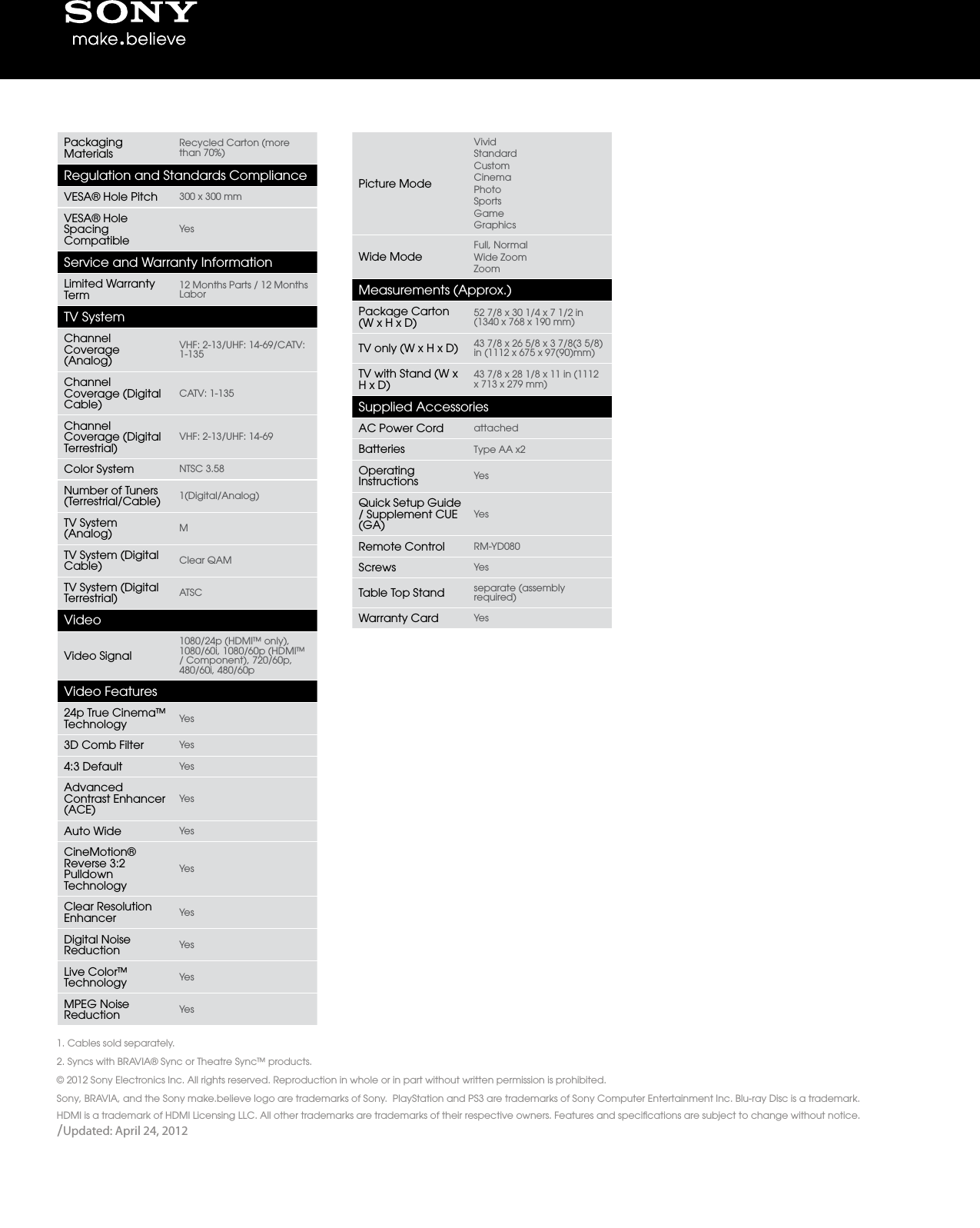 Page 3 of 3 - Sony KDL-46BX450 User Manual Marketing Specifications KDL46BX450 Mksp