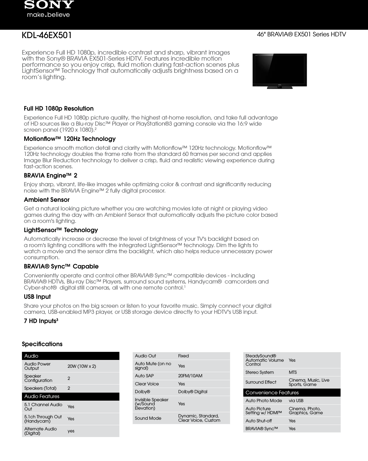 Page 1 of 3 - Sony KDL-46EX501 User Manual Marketing Specifications KDL46EX501 Mksp