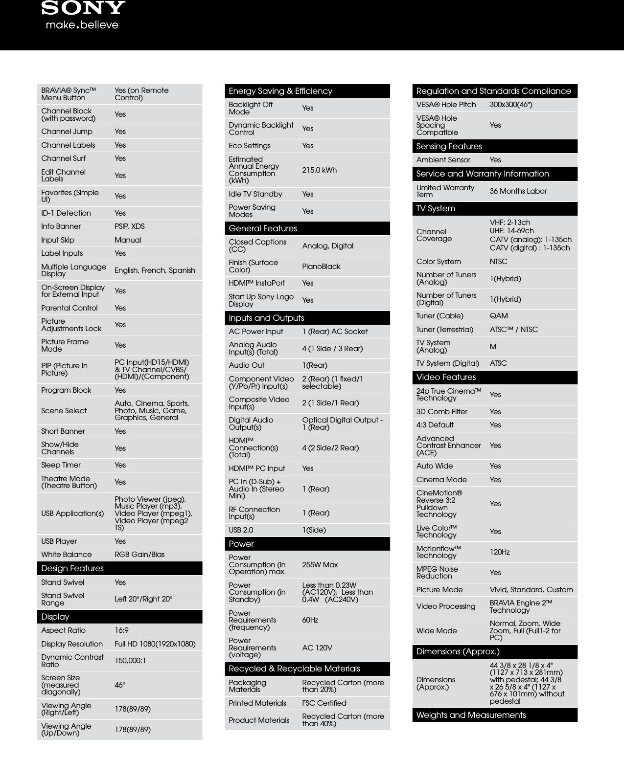 Page 2 of 3 - Sony KDL-46EX501 User Manual Marketing Specifications KDL46EX501 Mksp