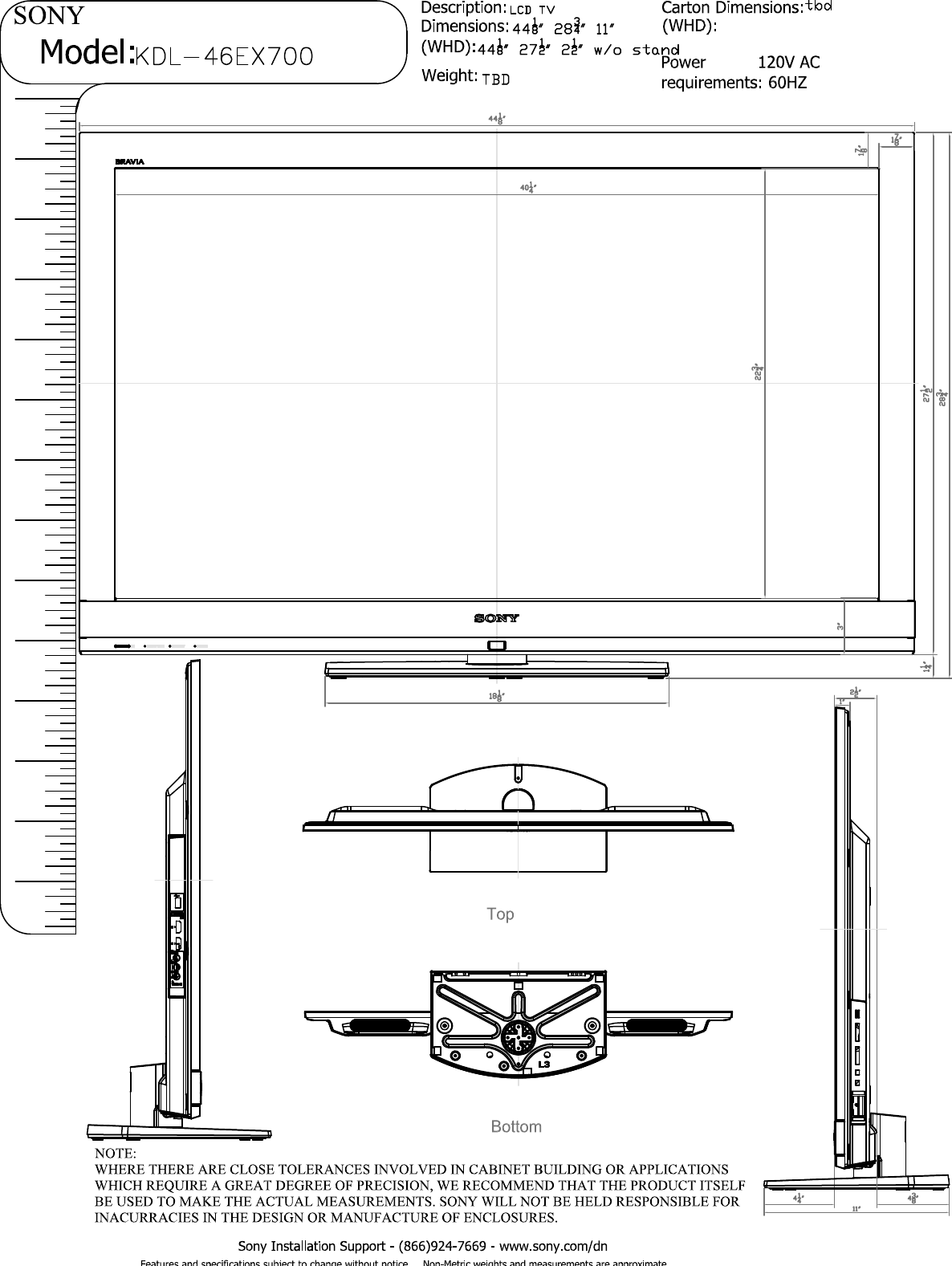 Page 1 of 3 - Sony KDL-46EX700 Layout1  User Manual Dimensions Diagram KDL46EX700 Cutsheet