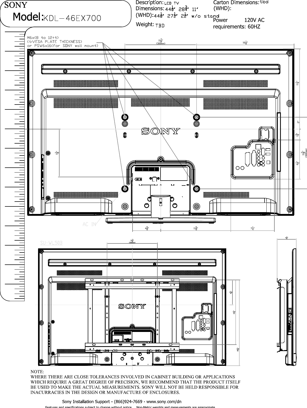 Page 2 of 3 - Sony KDL-46EX700 Layout1  User Manual Dimensions Diagram KDL46EX700 Cutsheet