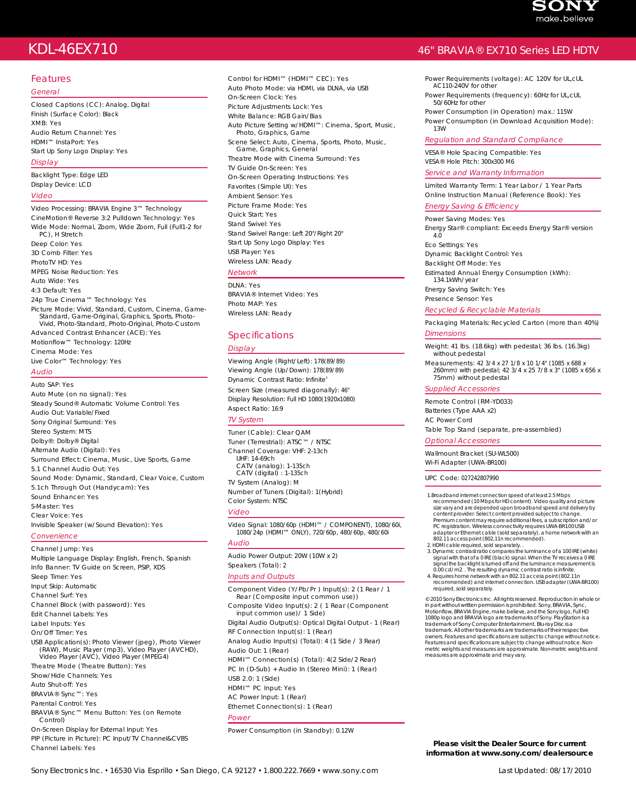 Page 2 of 2 - Sony KDL-46EX710 User Manual Marketing Specifications KDL46EX710 Mksp