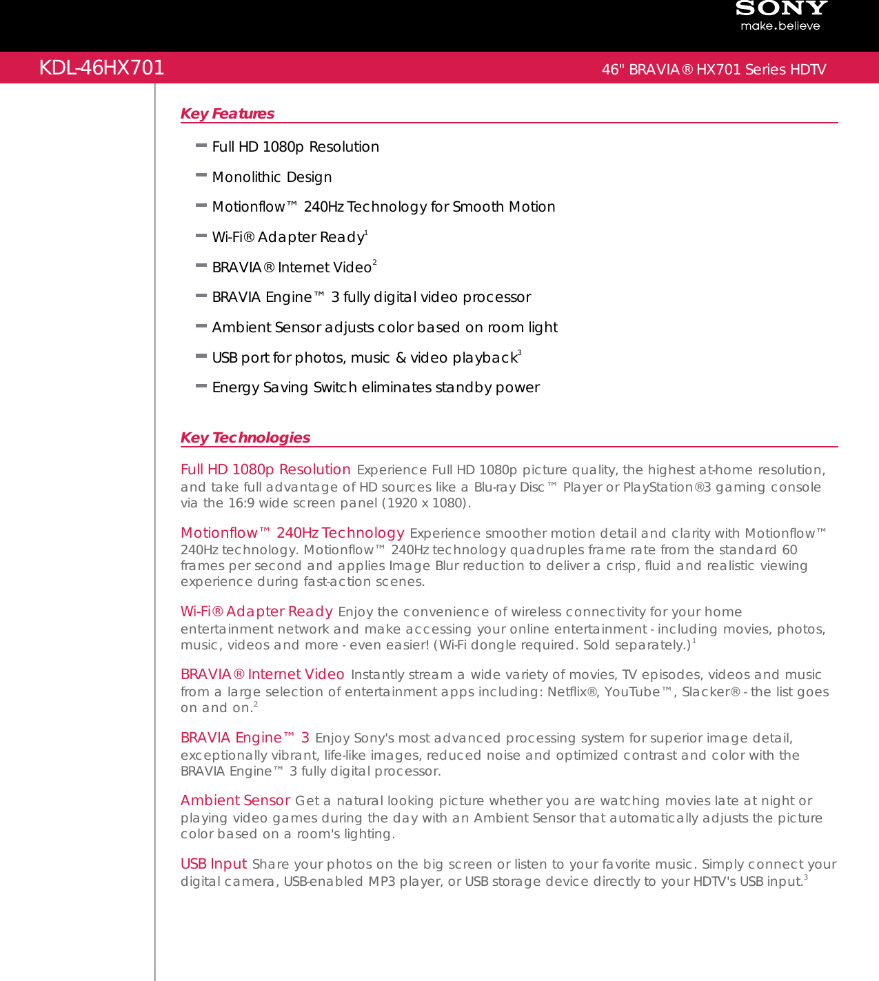 Page 1 of 2 - Sony KDL-46HX701 User Manual Marketing Specifications KDL46HX701 Mksp