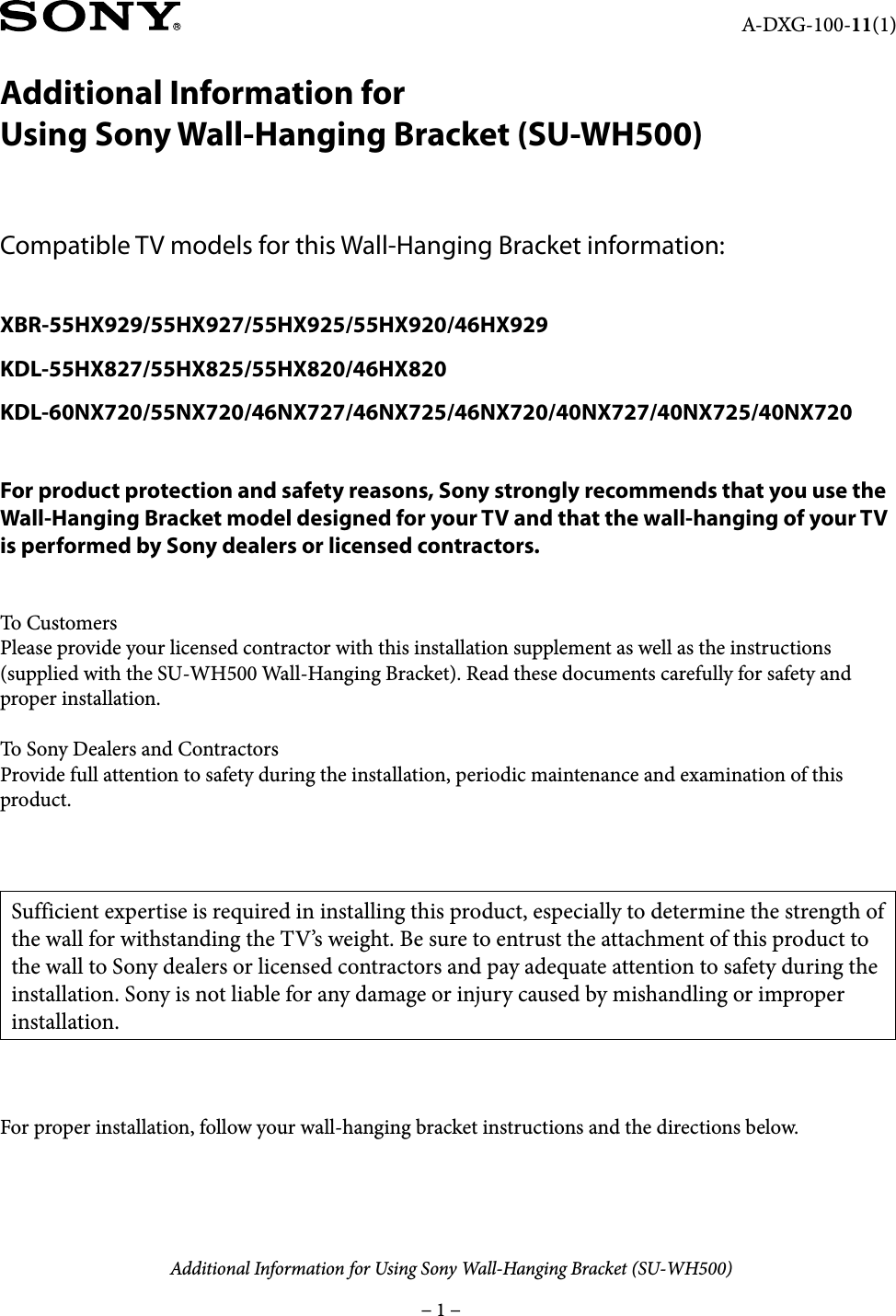 Sony KDL 46HX820 SU WH500 User Manual Additional Information For Using Sony®  Wall Hanging Bracket (SU WH500) Flyer ADXG100111