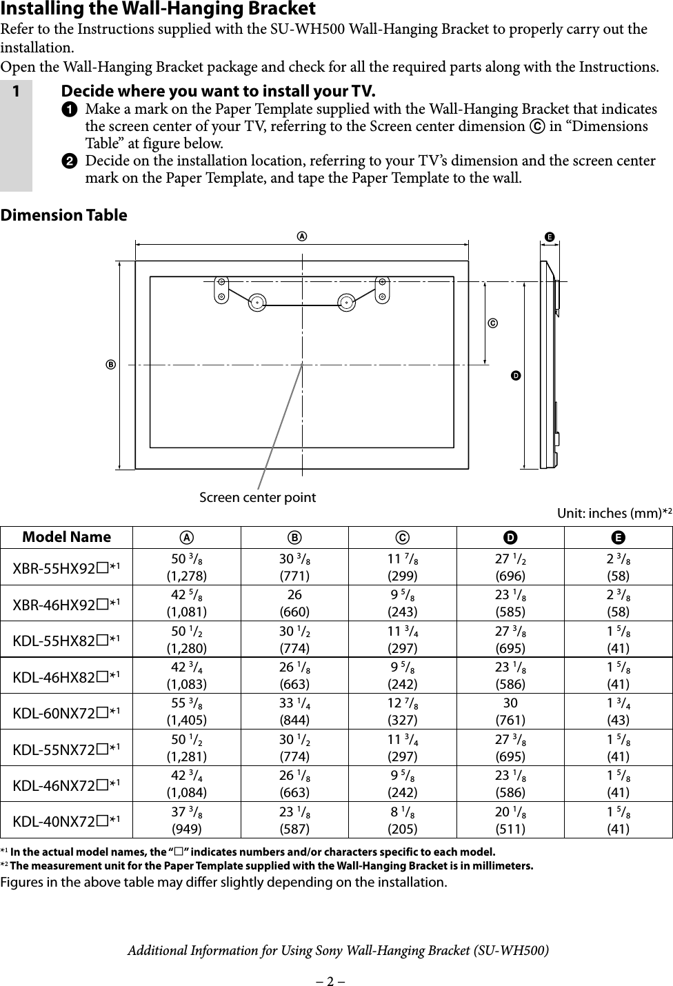 Page 2 of 5 - Sony KDL-46HX820 SU-WH500 User Manual Additional Information For Using Sony® Wall-Hanging Bracket (SU-WH500) Flyer ADXG100111