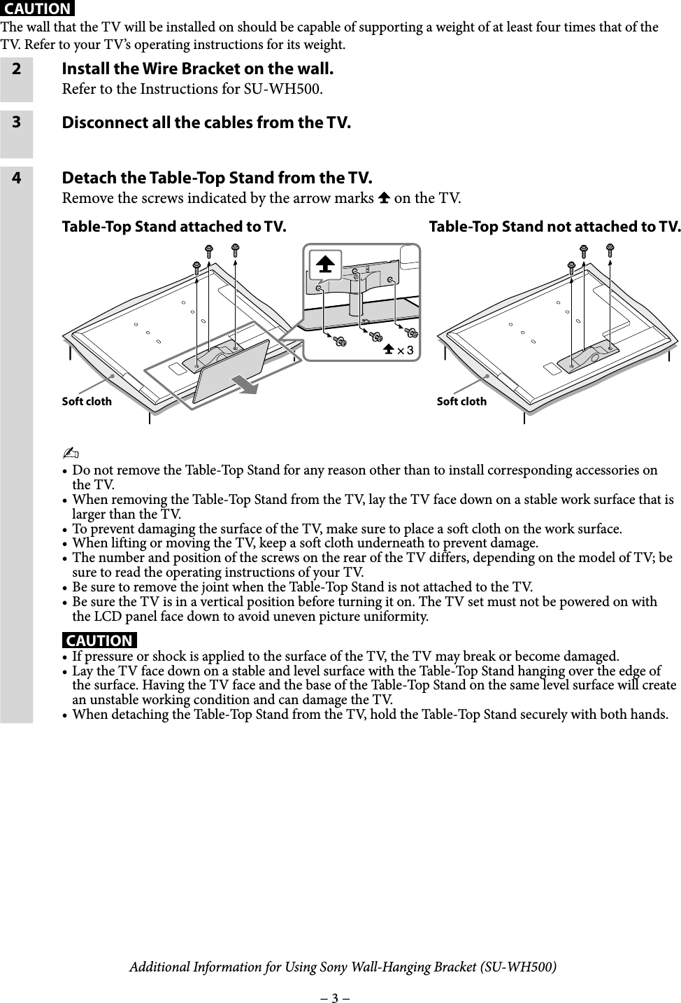 Page 3 of 5 - Sony KDL-46HX820 SU-WH500 User Manual Additional Information For Using Sony® Wall-Hanging Bracket (SU-WH500) Flyer ADXG100111