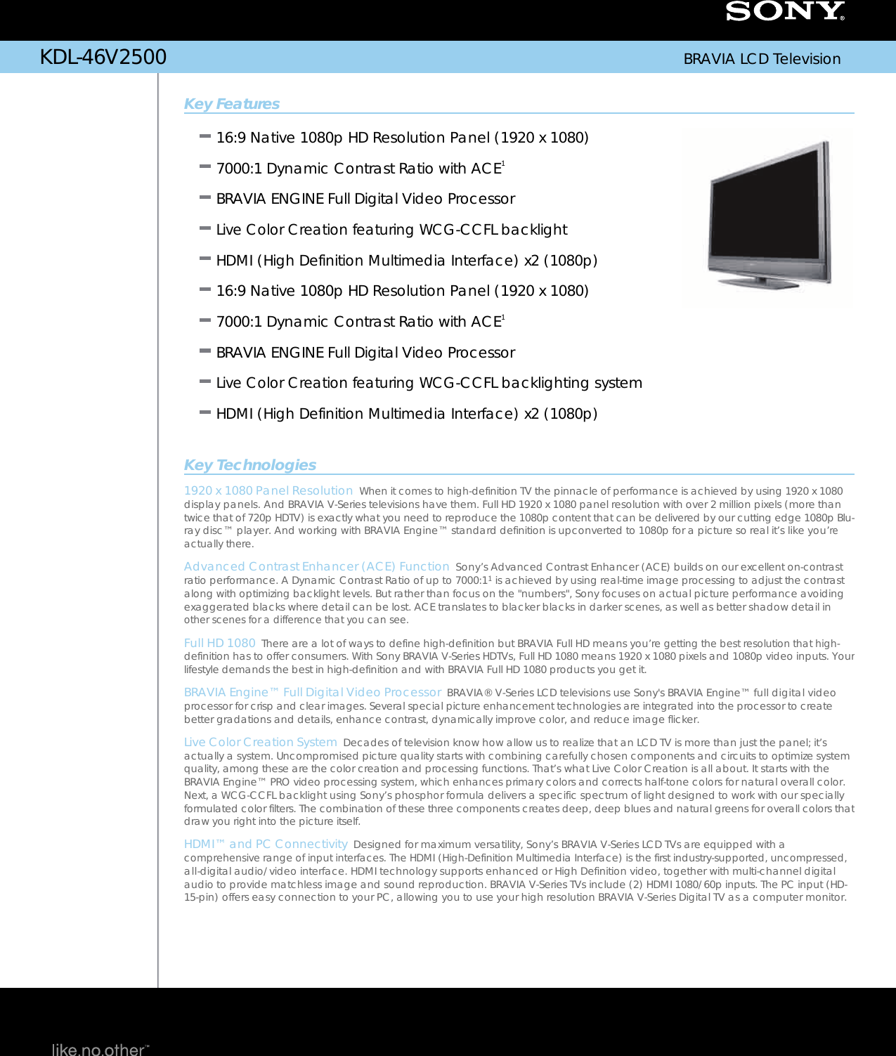 Page 1 of 2 - Sony KDL-46V2500 User Manual Marketing Specifications KDL46V2500 Mksp