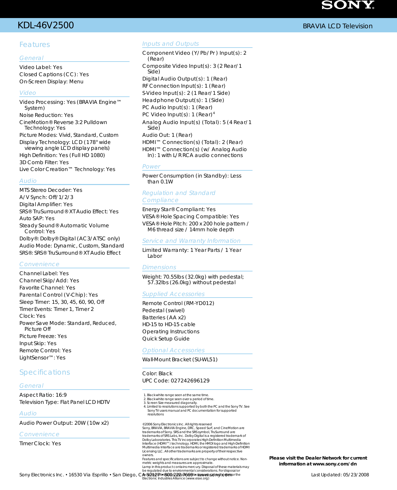 Page 2 of 2 - Sony KDL-46V2500 User Manual Marketing Specifications KDL46V2500 Mksp