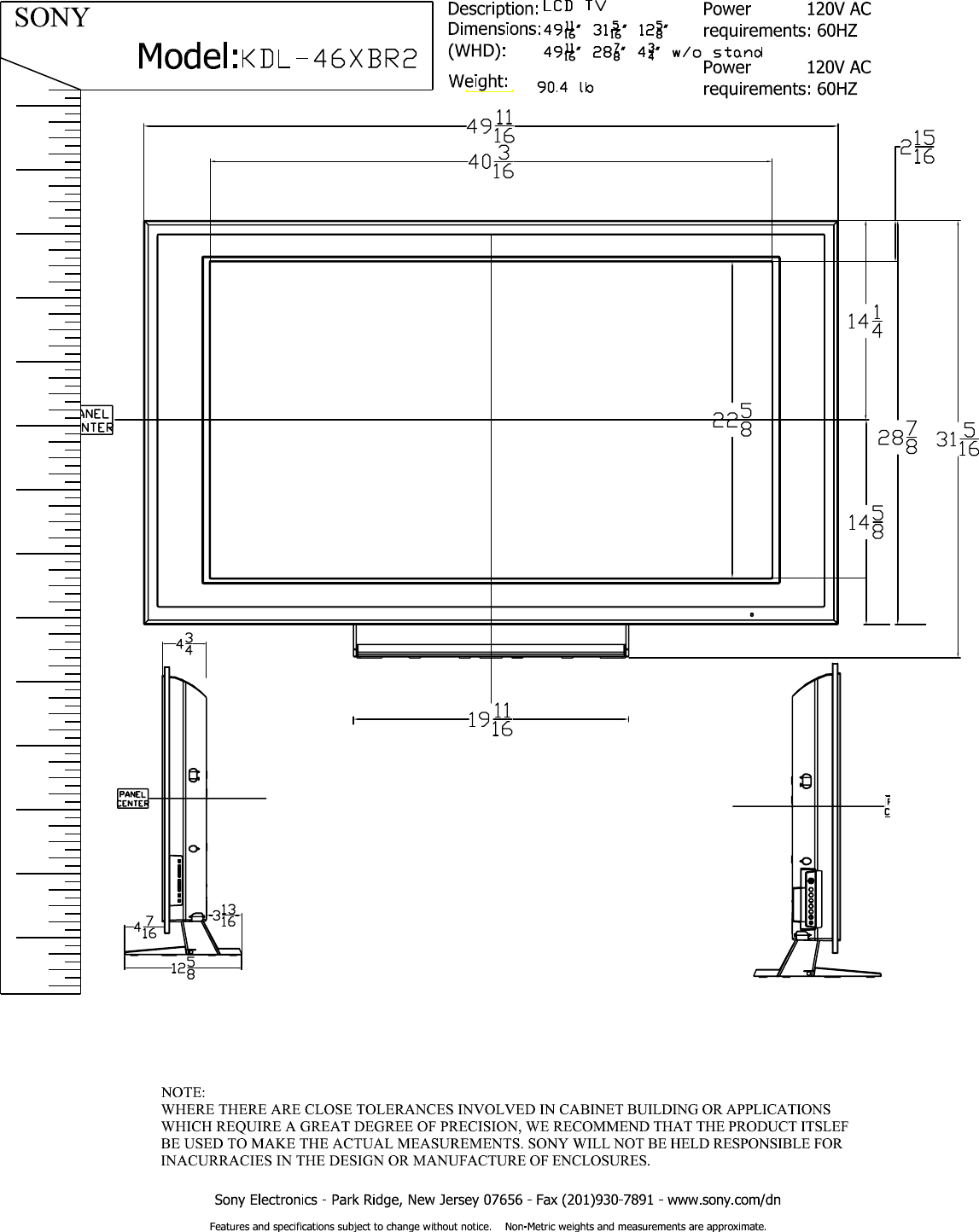 Page 1 of 3 - Sony KDL-46XBR2 Actual Tokyo Cad Layout1  User Manual Dimensions Diagrams KDL46XBR2 Cutsheets