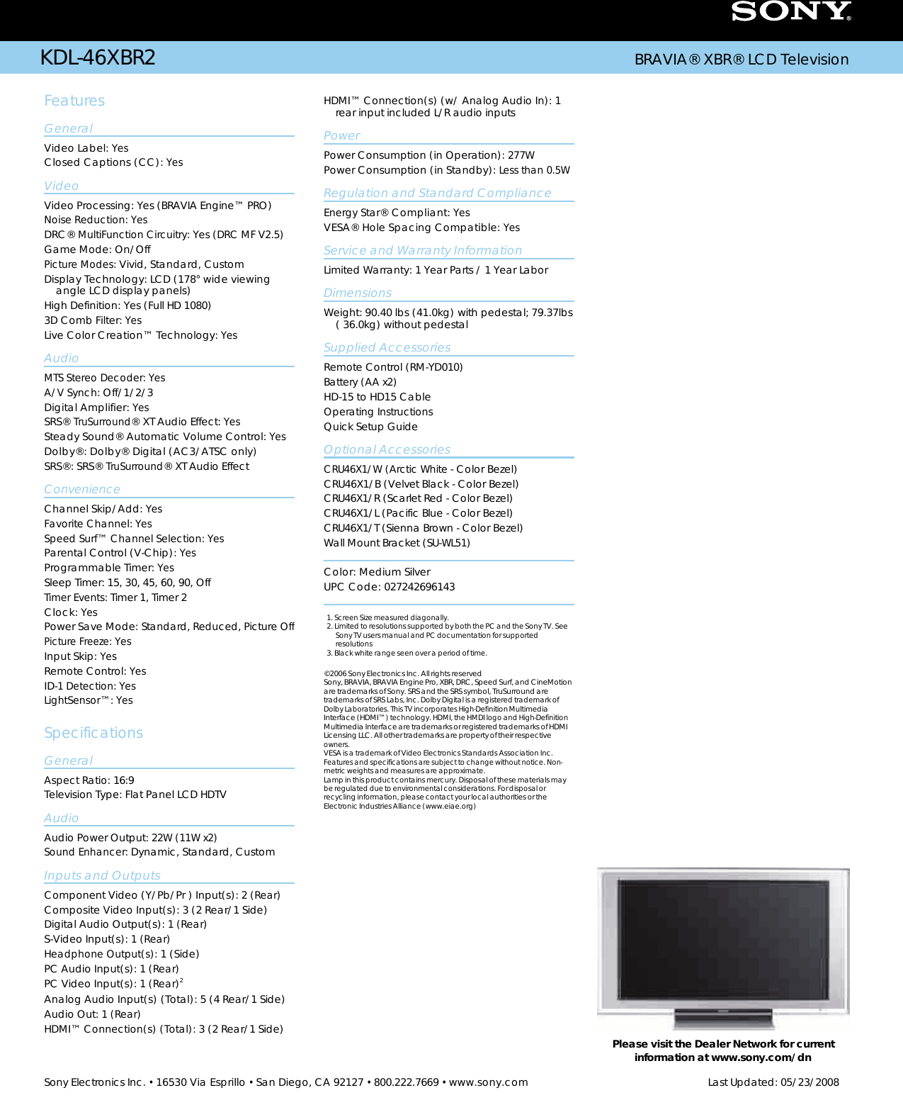 Page 2 of 2 - Sony KDL-46XBR2 User Manual Marketing Specifications KDL46XBR2 Mksp